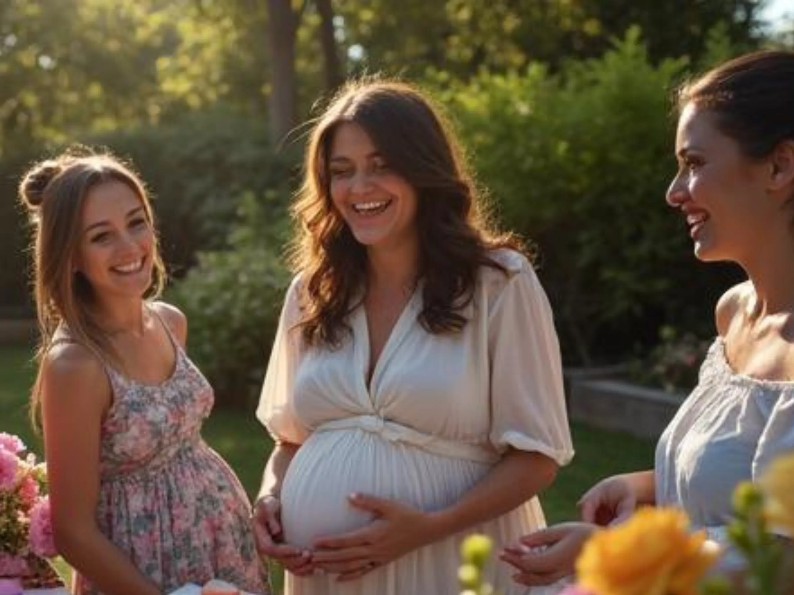 a pregnant lady laughing with her friends