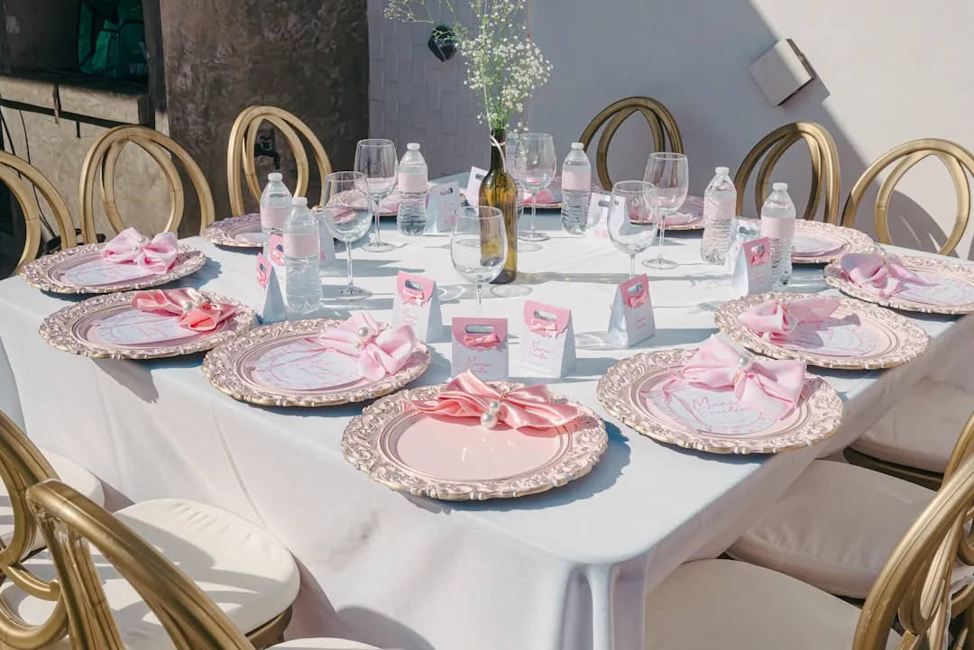 baby shower table set up in pink