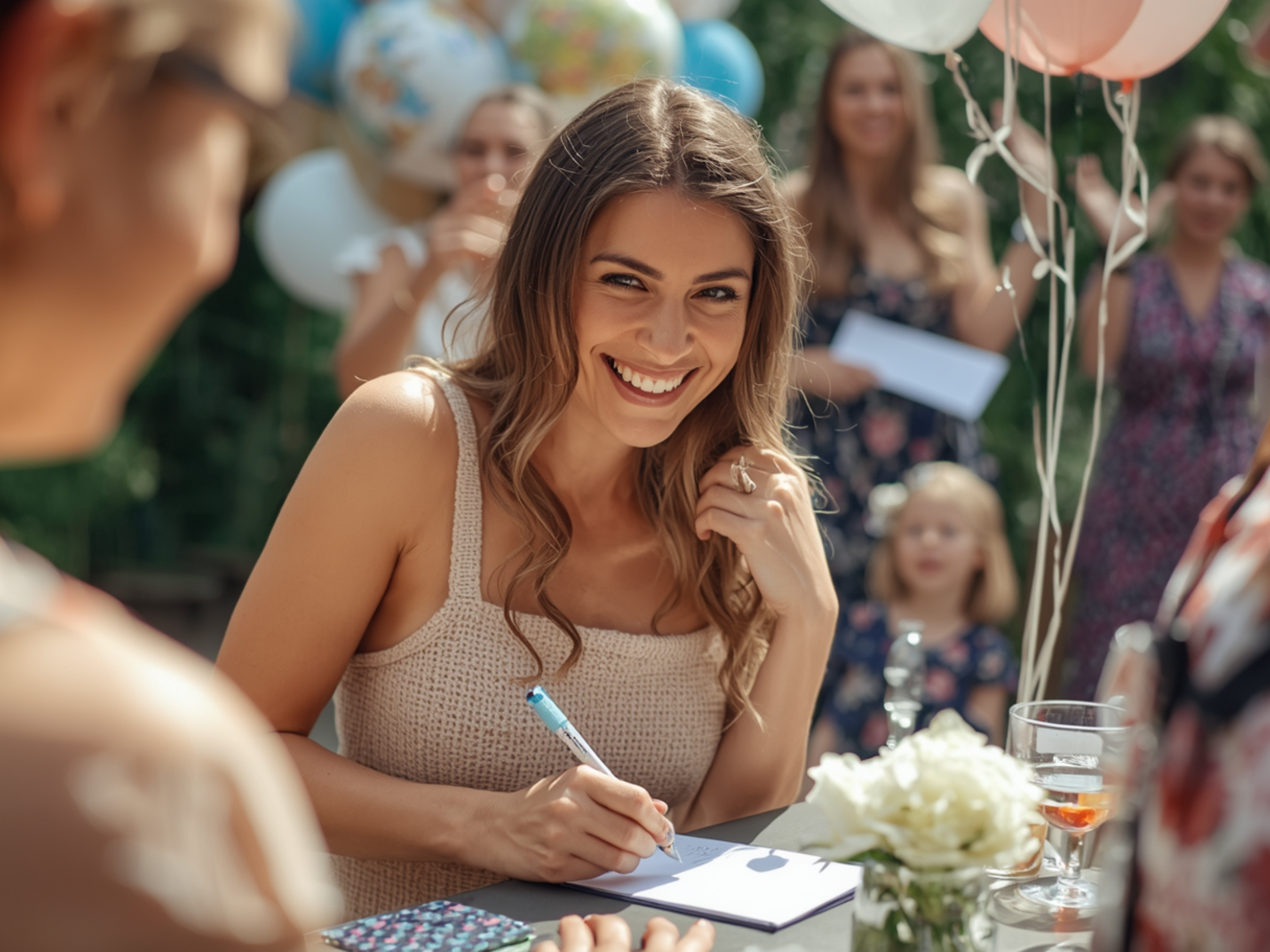 woman writing a message for baby at a baby shower