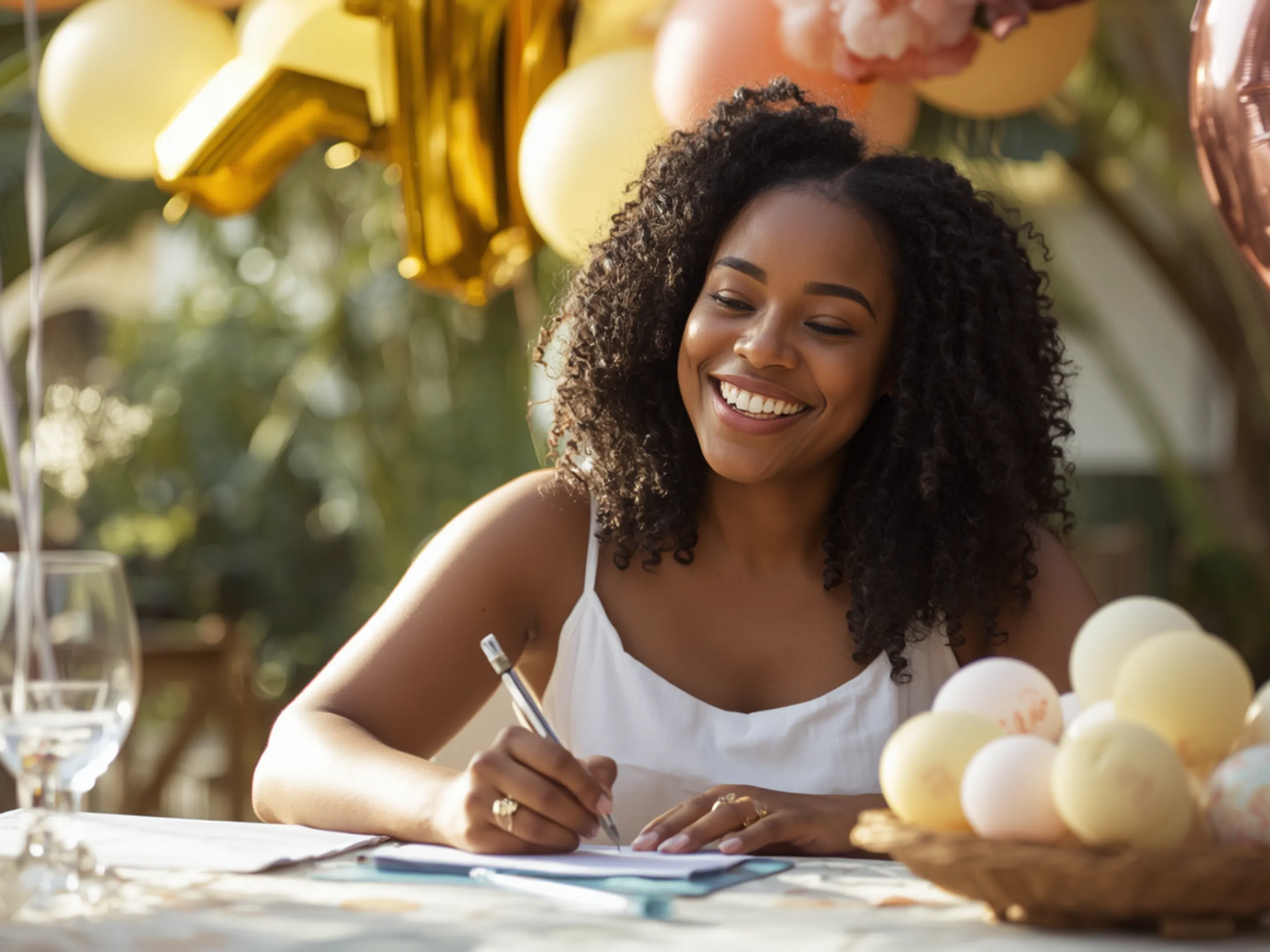 woman writing a message for a baby during a baby shower