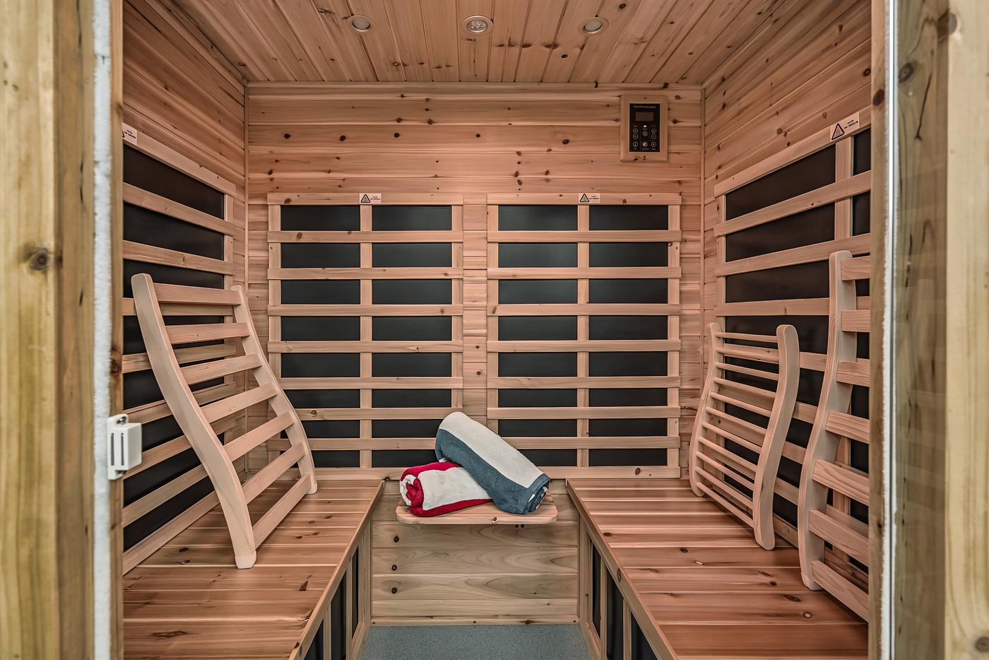 Infrared sauna interior — cedar benches and warming panels