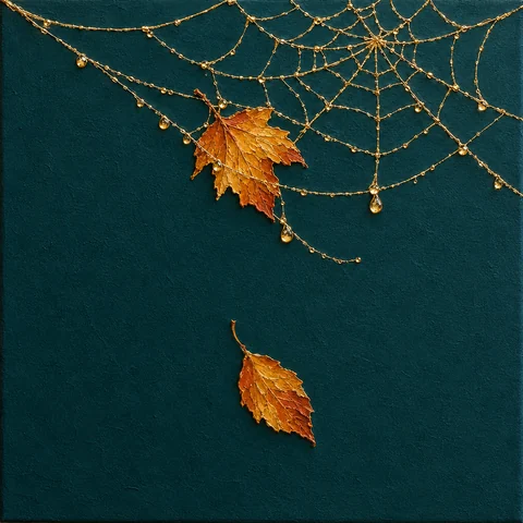 Model de inspirație de Halloween: Pânză aurie cu frunze, pe turcoaz