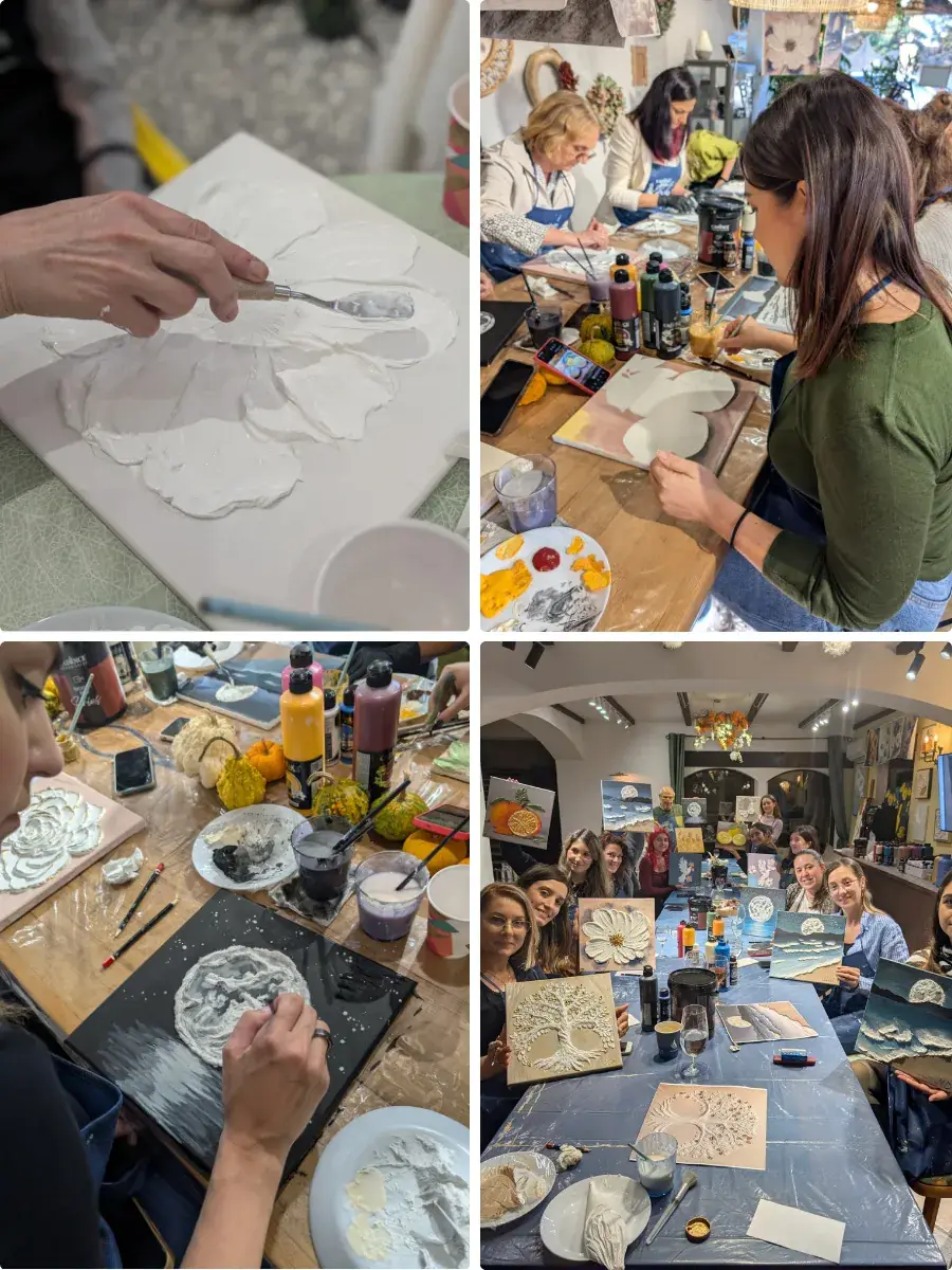 Momente de la Paint and Sip: pahare de vin, gustări și tablouri în lucru