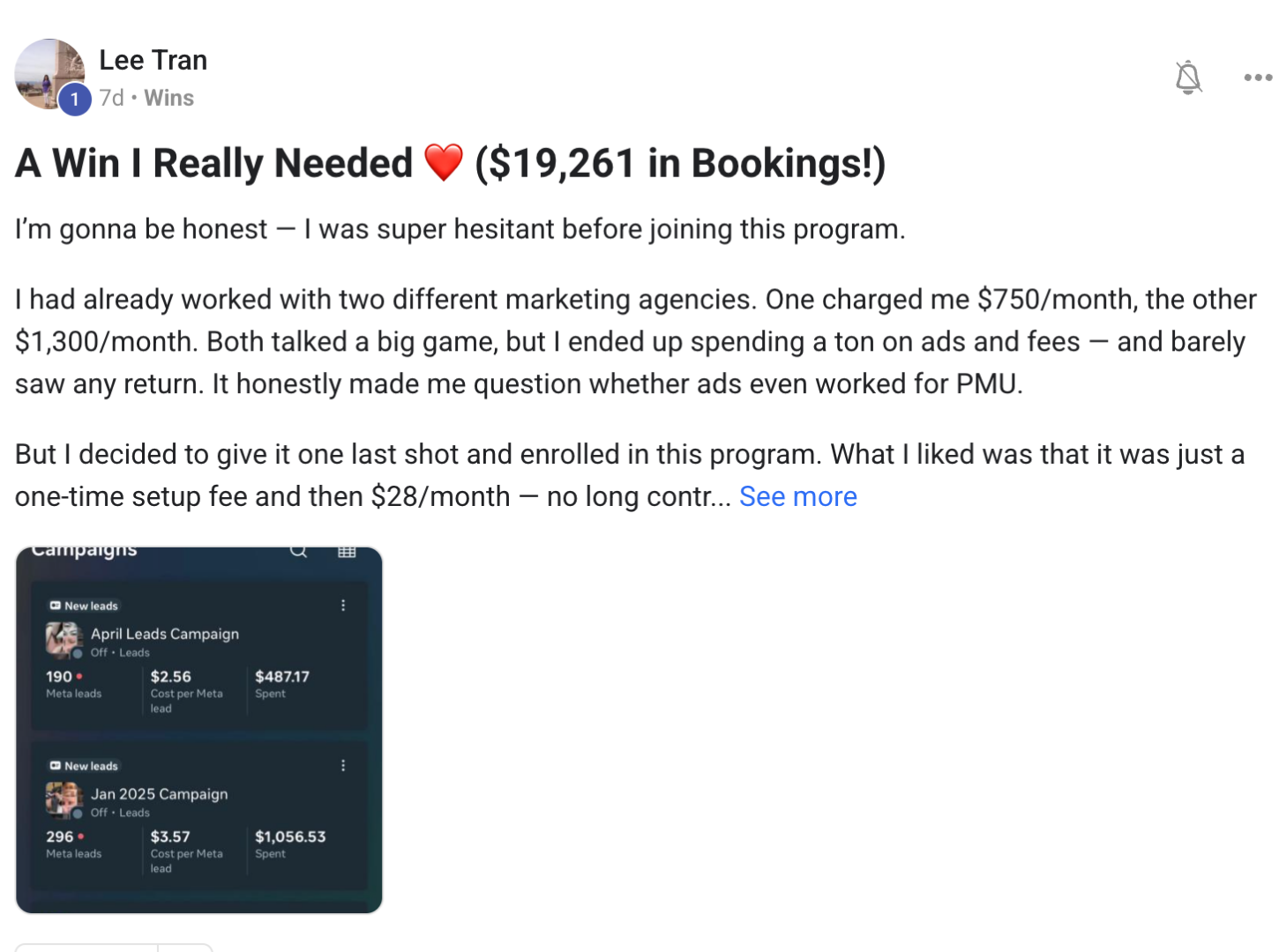 $1,500 in Ads to $19,261 PMU bookings screenshot
