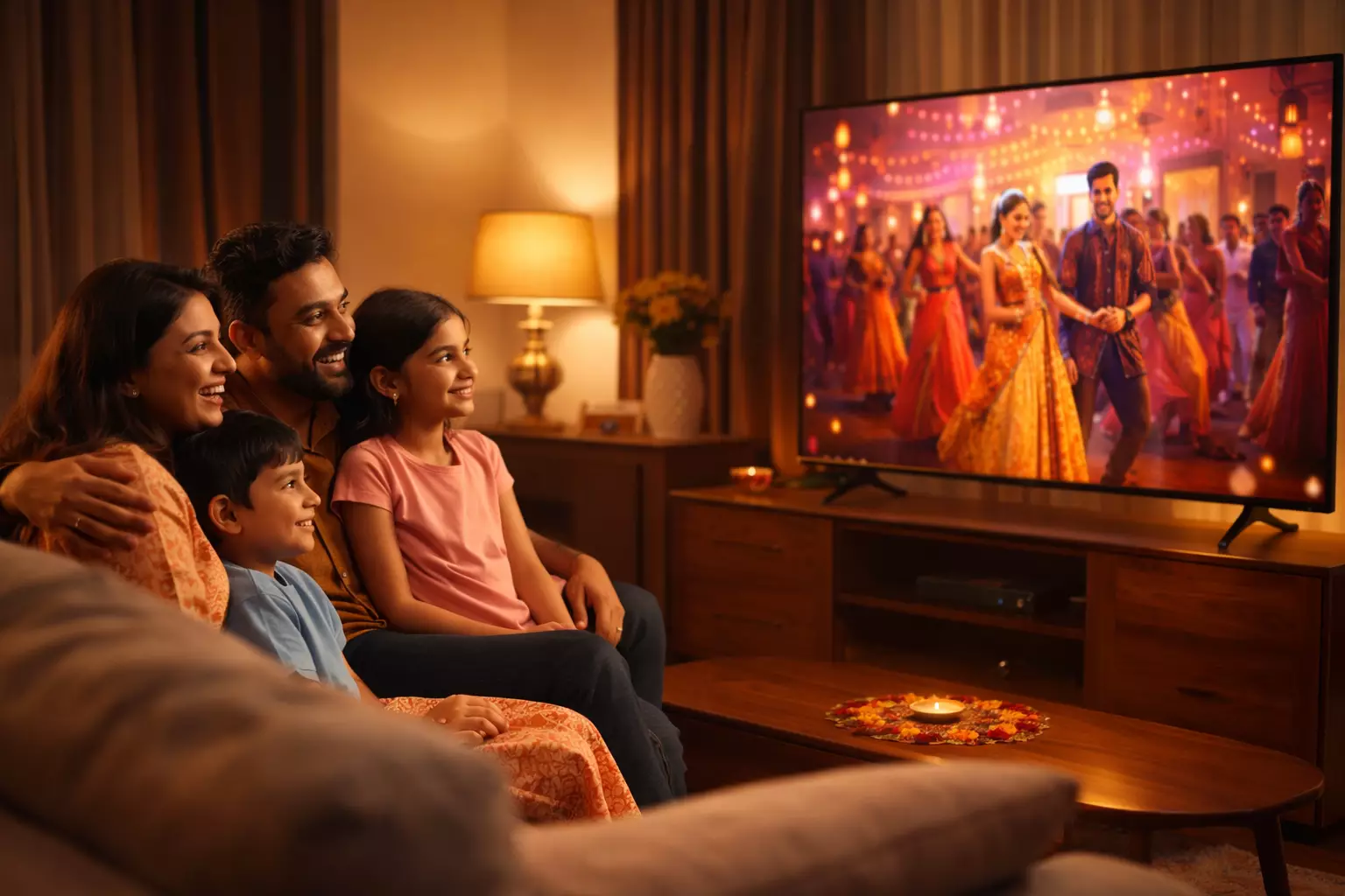 Happy Indian family watching IndianIPTV channels on their smart TV in a modern living room