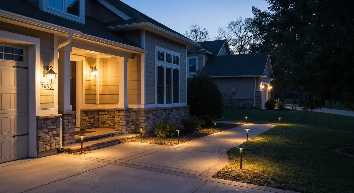 Security lighting on home entrance and driveway