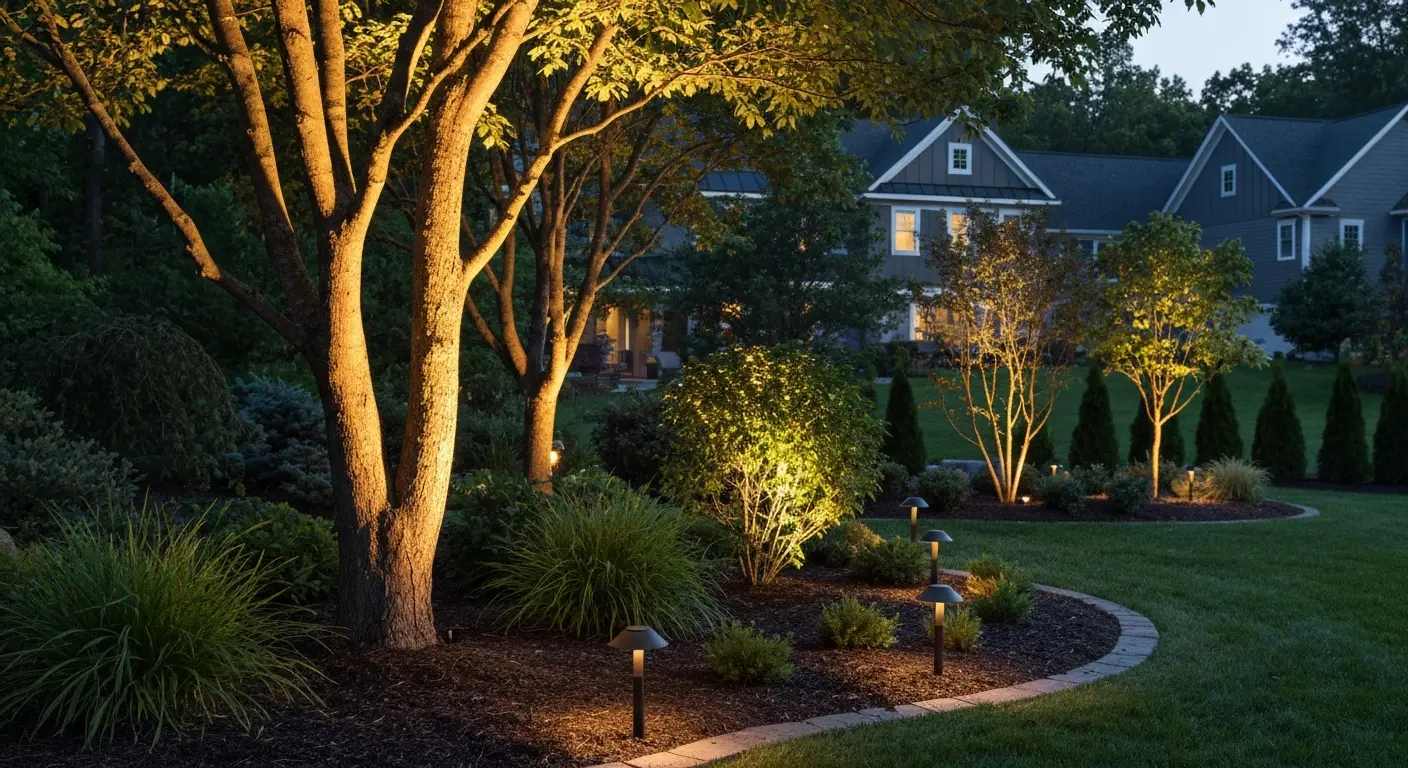 Landscape lighting highlighting plants and trees