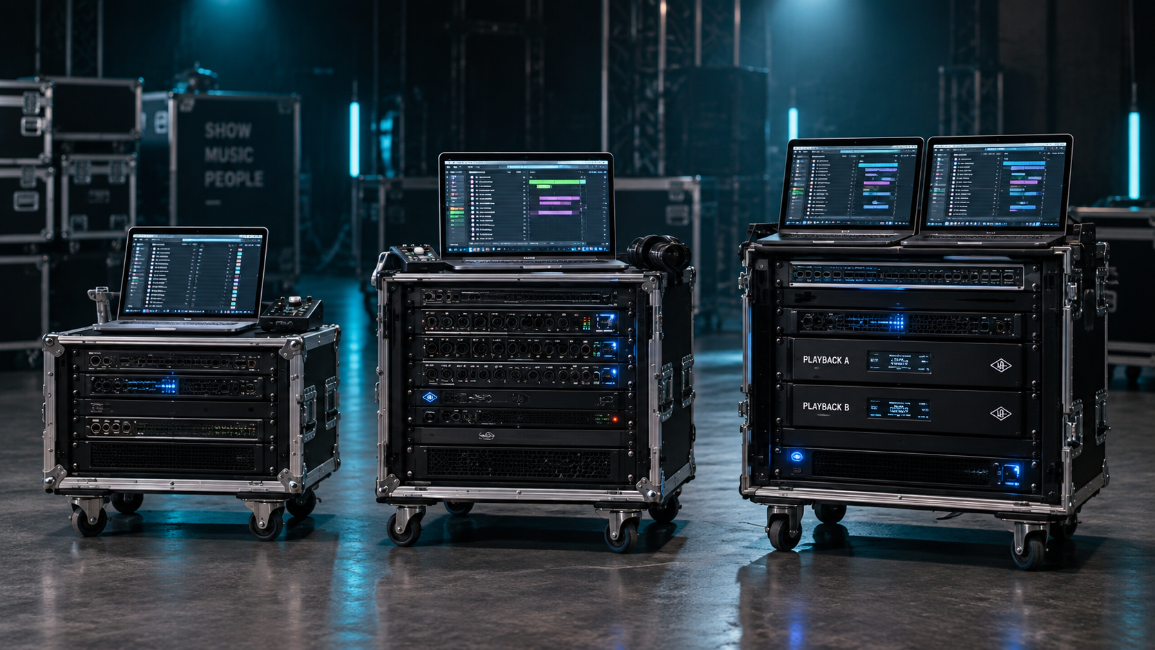Three professional playback system configurations ranging from compact to fully redundant touring rigs