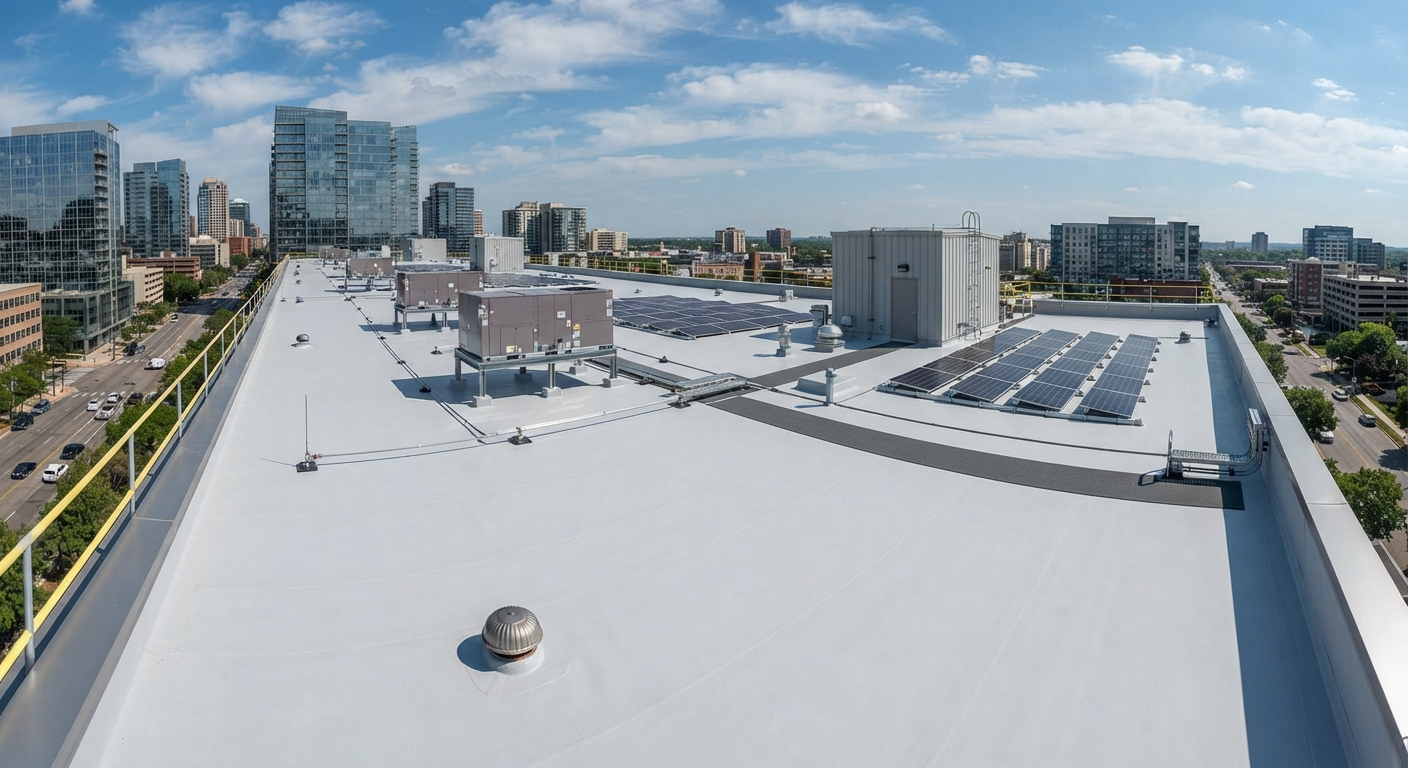 Completed commercial roofing project by Advantage Roofing
