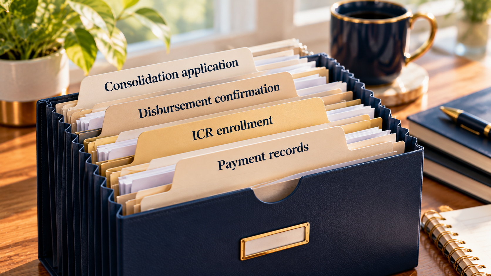Accordion file of consolidation and payment records Accordion file of consolidation and payment records