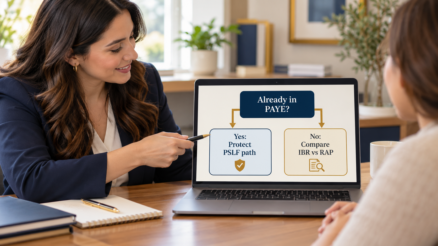Advisor walking a borrower through how to choose a student loan repayment plan, starting with PAYE