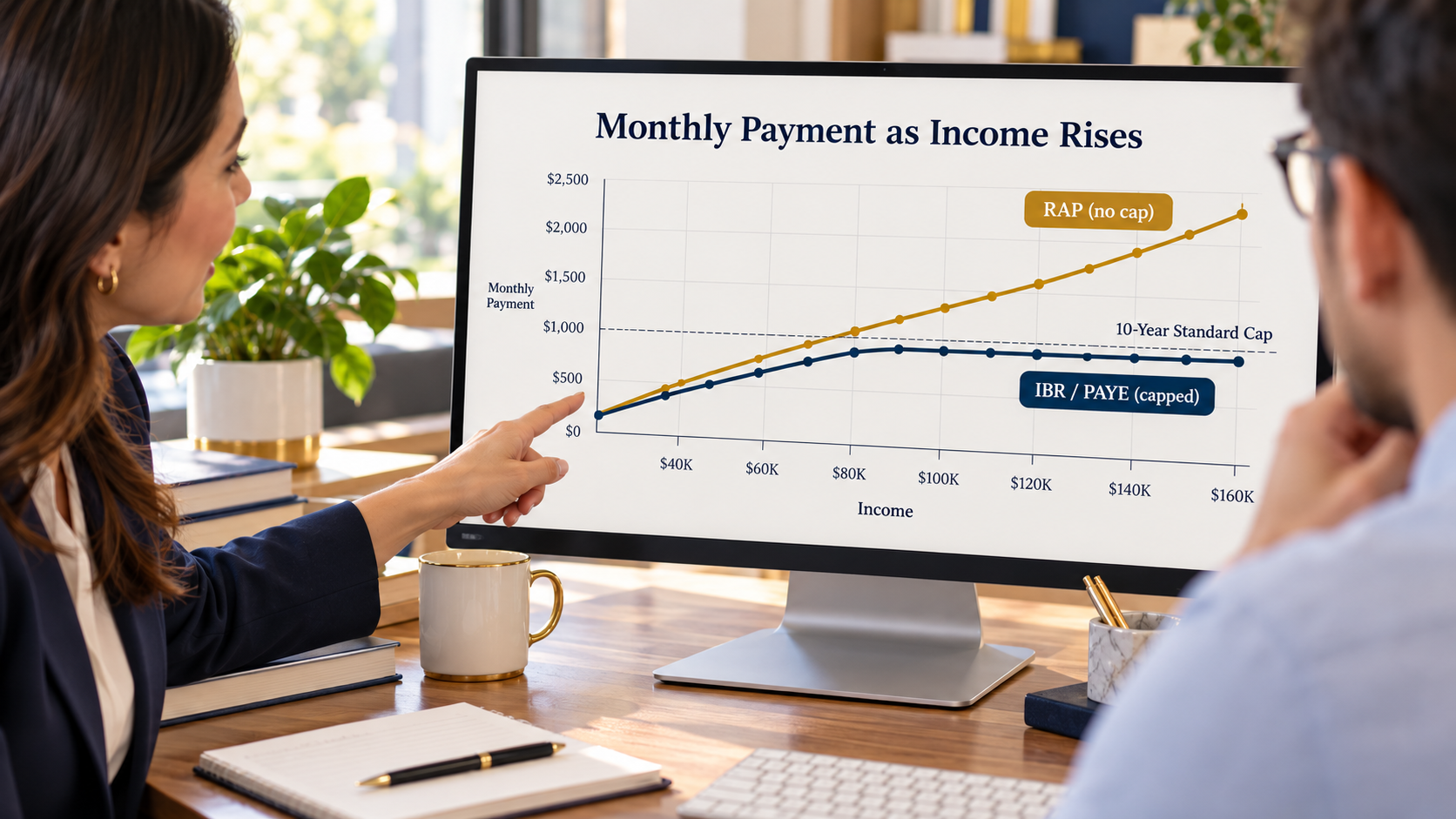 Chart comparing IBR and PAYE payment caps with RAP payments as borrower income rises
