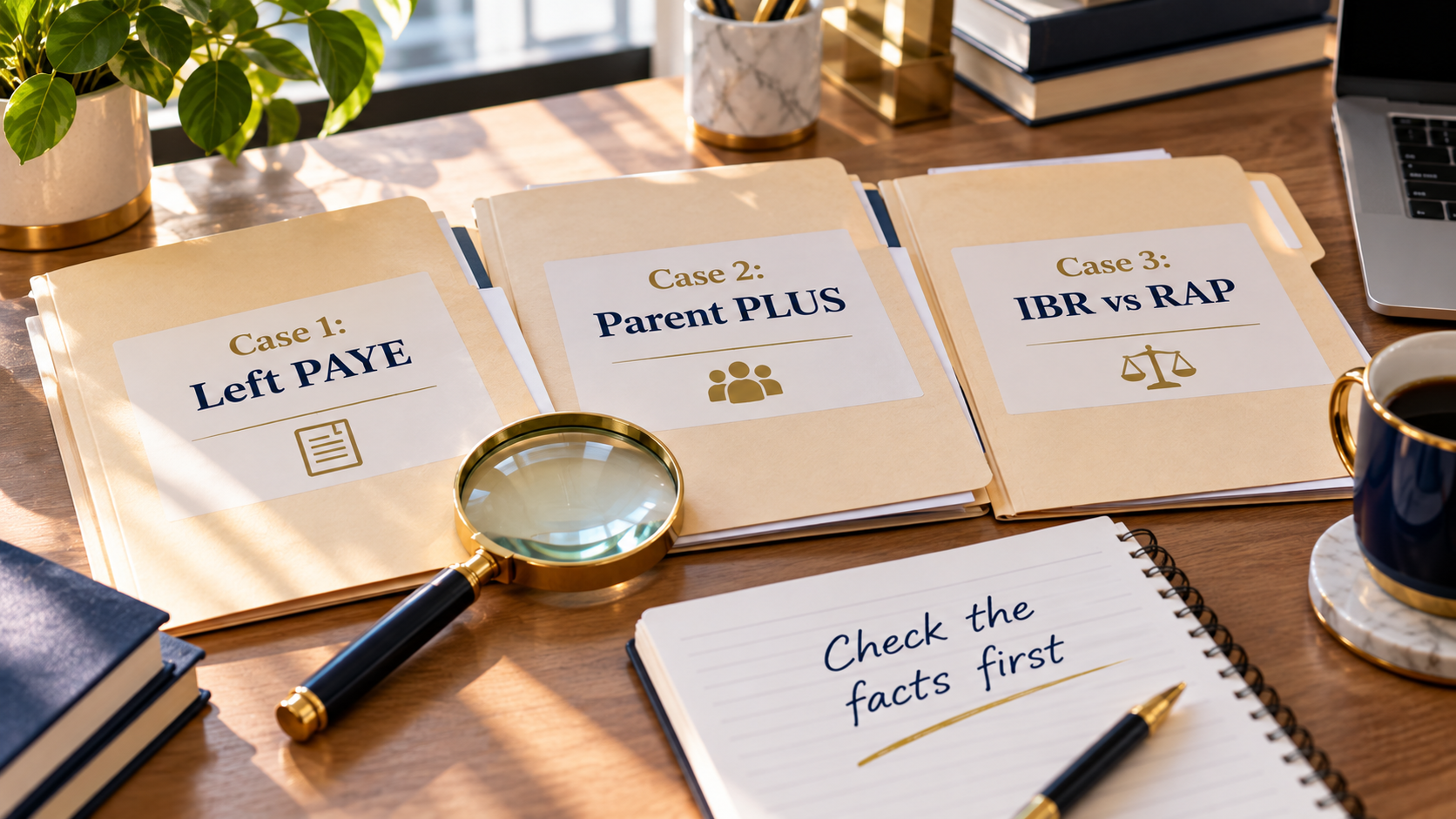 Three student loan case studies showing how the transition rules apply to PAYE, Parent PLUS and IBR borrowers