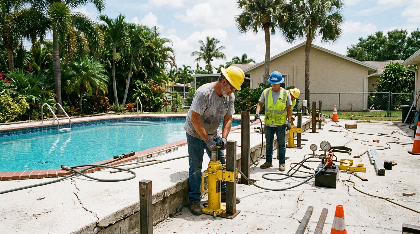 Illustrative image: crew working with equipment at an existing pool and deck area