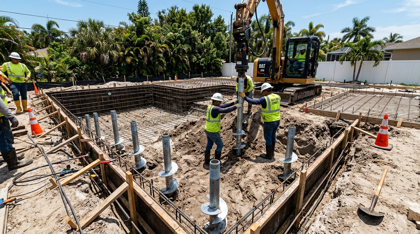 Illustrative image: crew installing foundation supports during new pool construction at a South Florida home