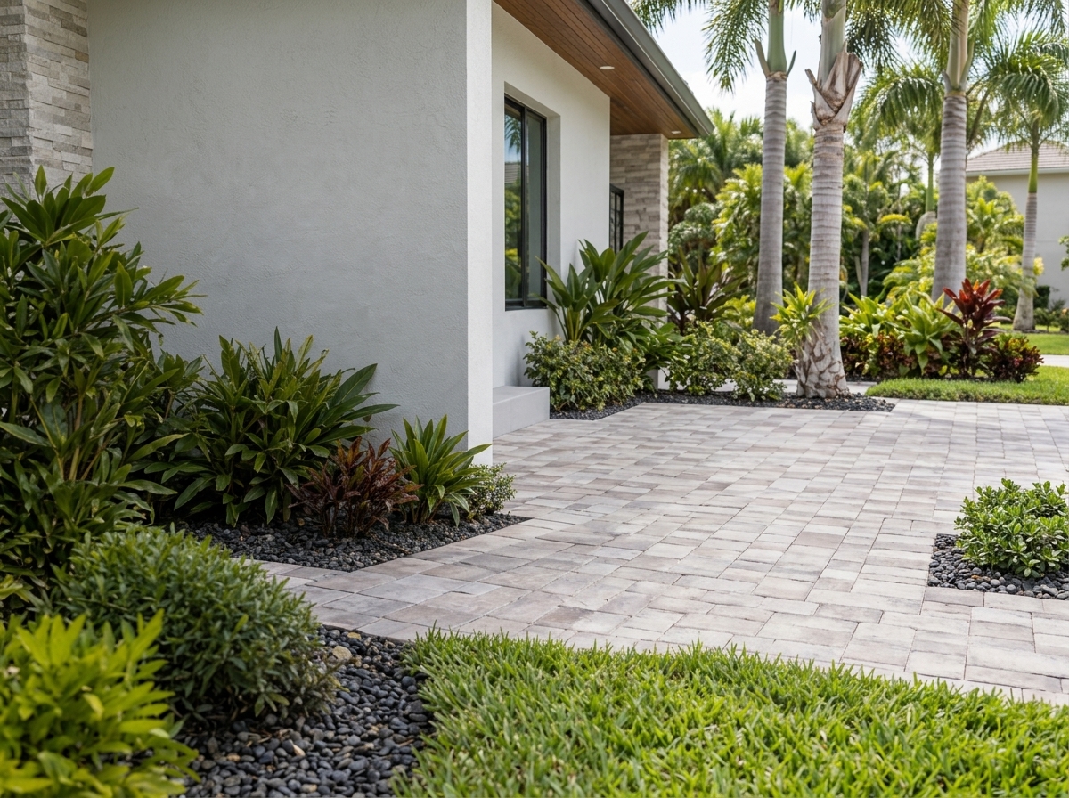 Illustrative image: completed paver walkway and landscaping at a South Florida home after ground work