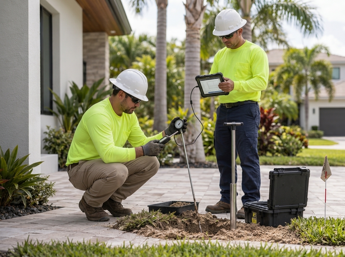 Illustrative image: crew members assessing ground conditions with instruments beside a South Florida home