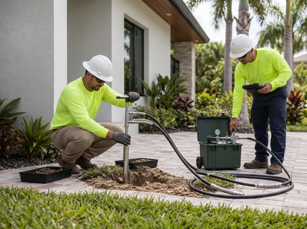 Illustrative image: crew performing ground stabilization work with hoses and equipment at a residential property