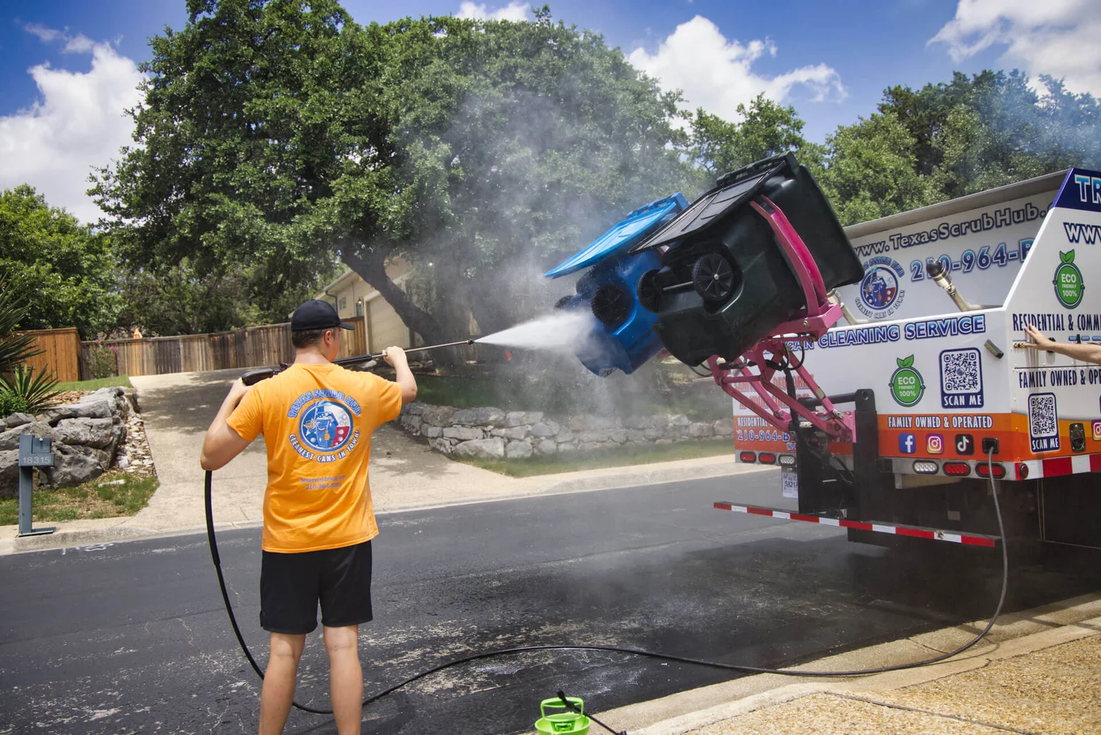Professional dumpster and trash can cleaning with high-pressure sanitizing equipment removing grime and odors.
