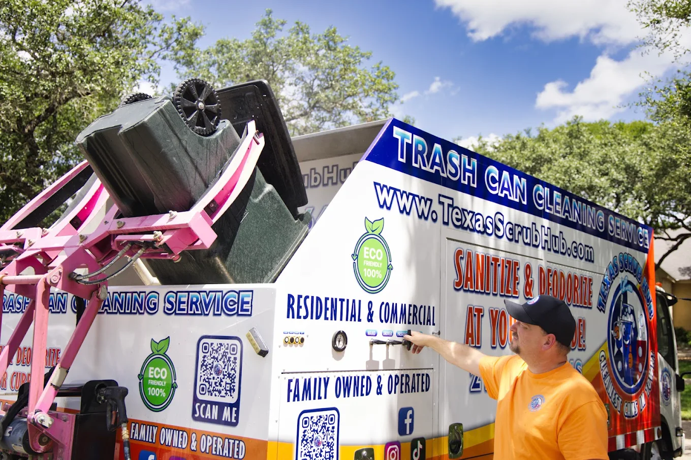 Trash can cleaning truck disinfecting residential garbage bins using eco-friendly high-pressure hot water.
