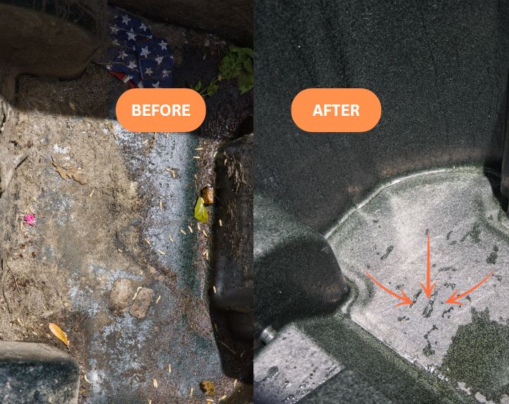 Technician pressure washing residential trash cans with a high-heat cleaning truck to remove grime and odors.