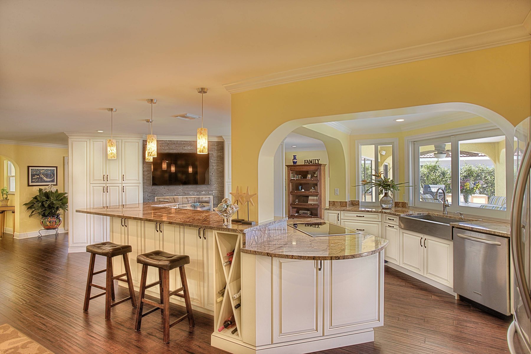 Kitchen with a brown marble island