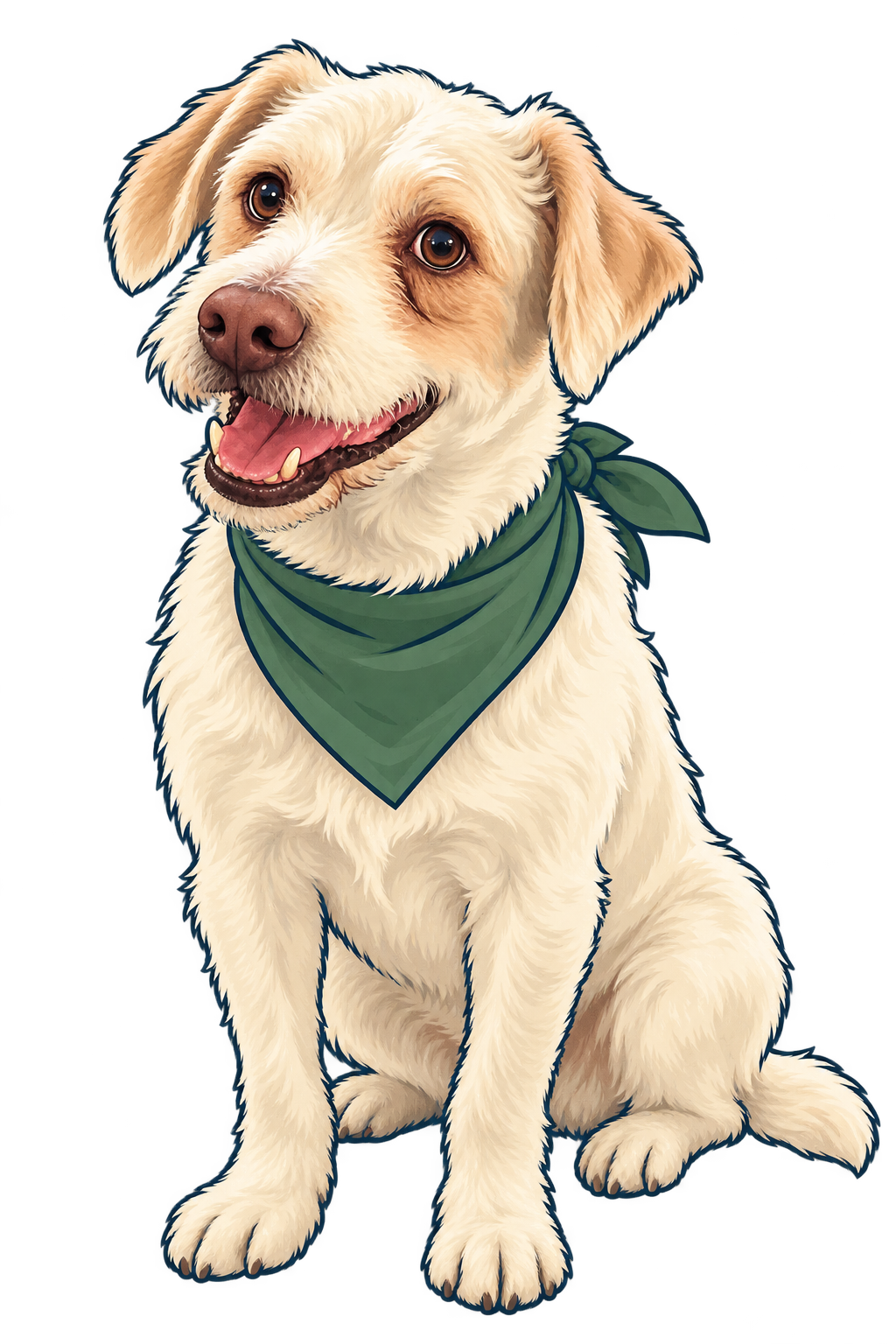 Ollie, Jody’s cream-colored dog, wearing a green bandana