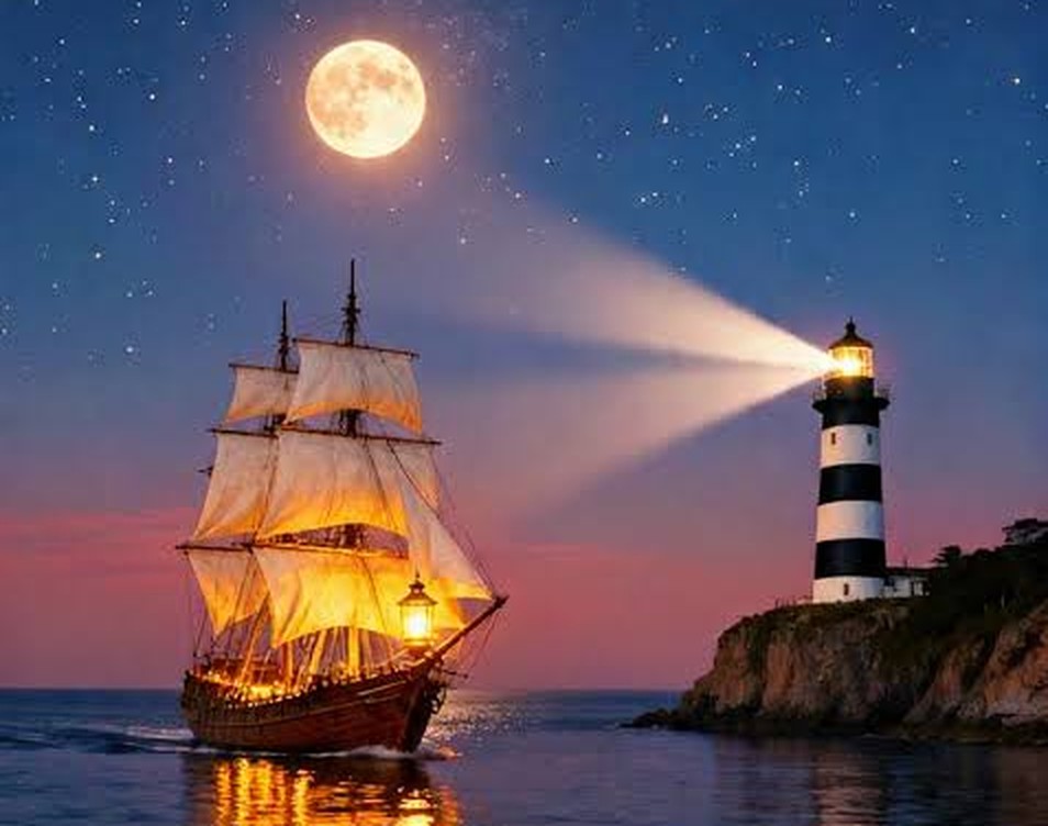 A tall ship with glowing sails guided by a lighthouse beam at night