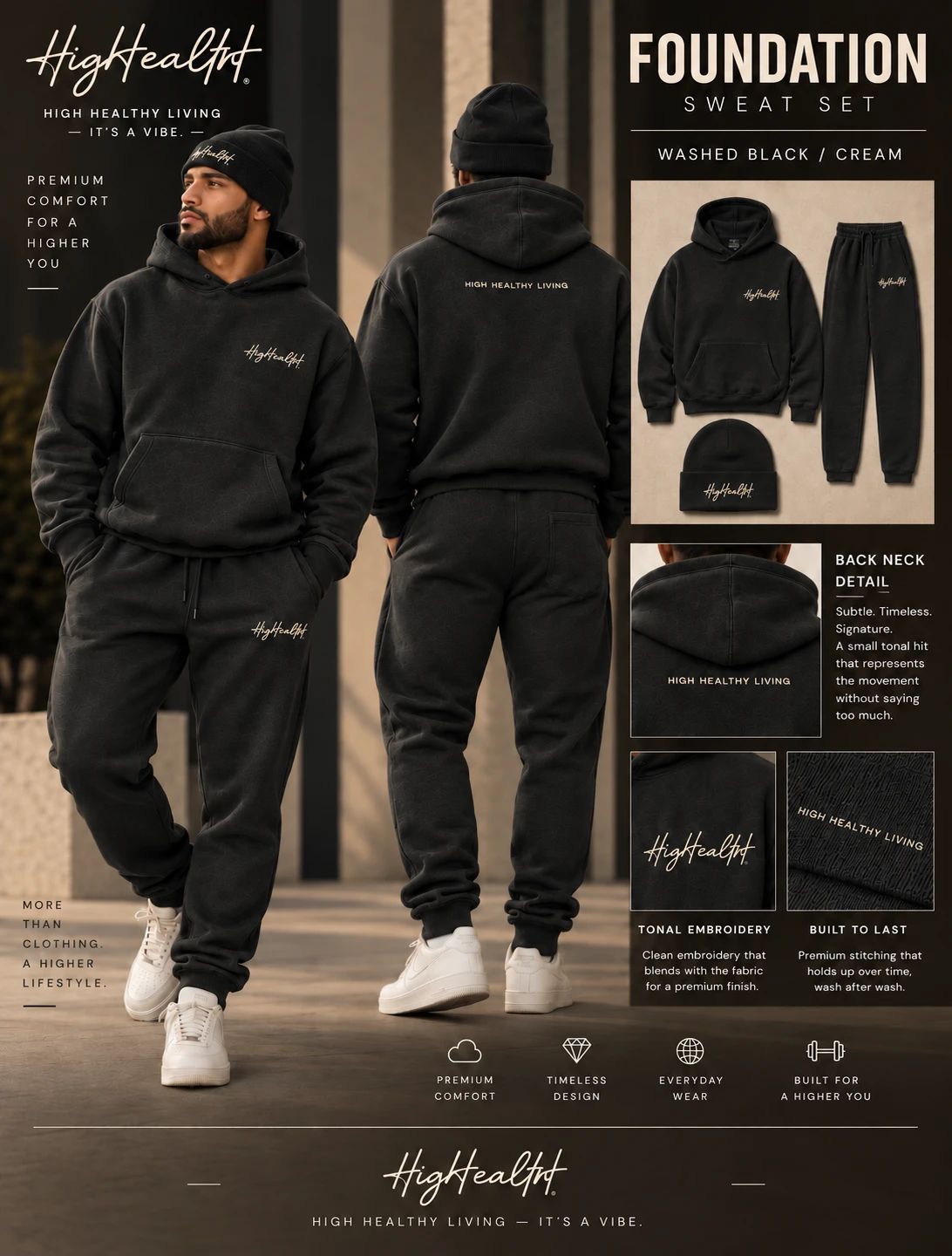 Foundation hoodie set in Washed Black with cream embroidery, front and back views