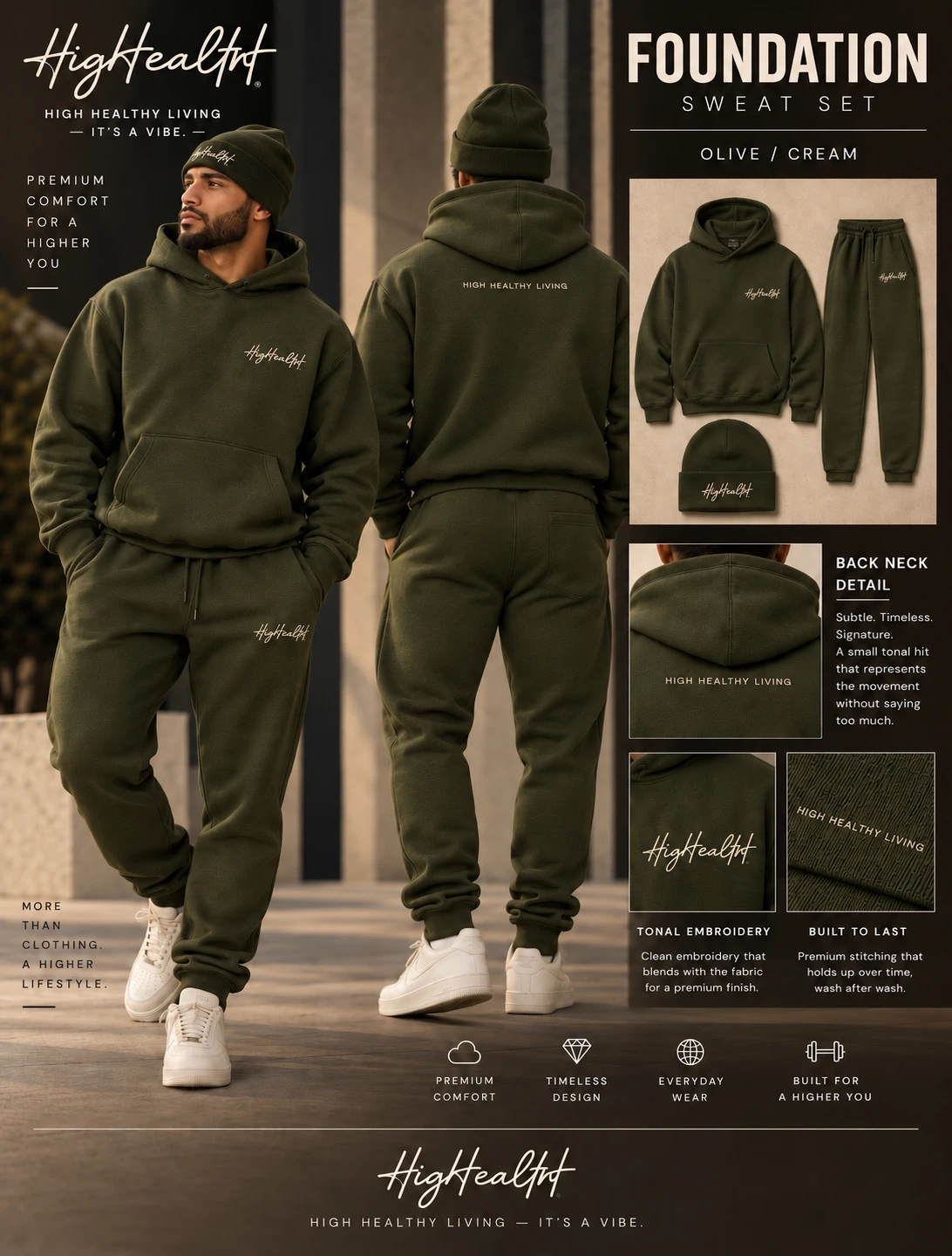 Foundation hoodie set in Olive with cream embroidery