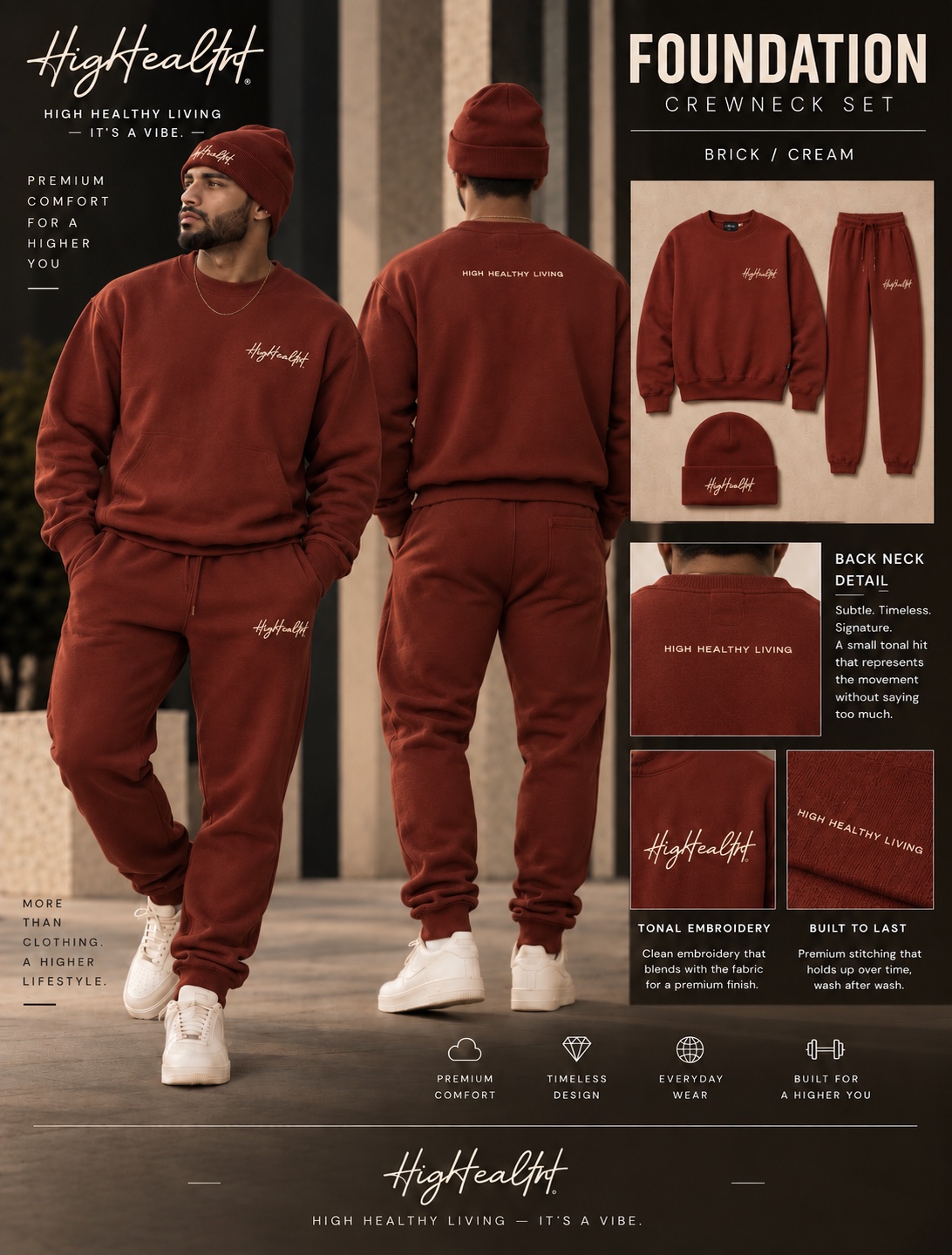Foundation crewneck set in Brick with cream embroidery