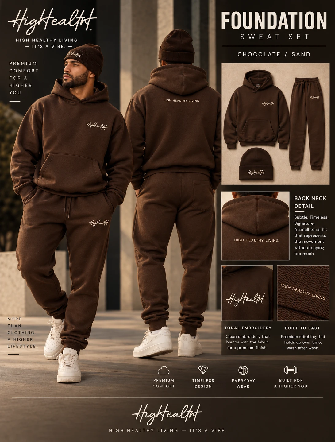 Foundation hoodie set in Chocolate with sand embroidery