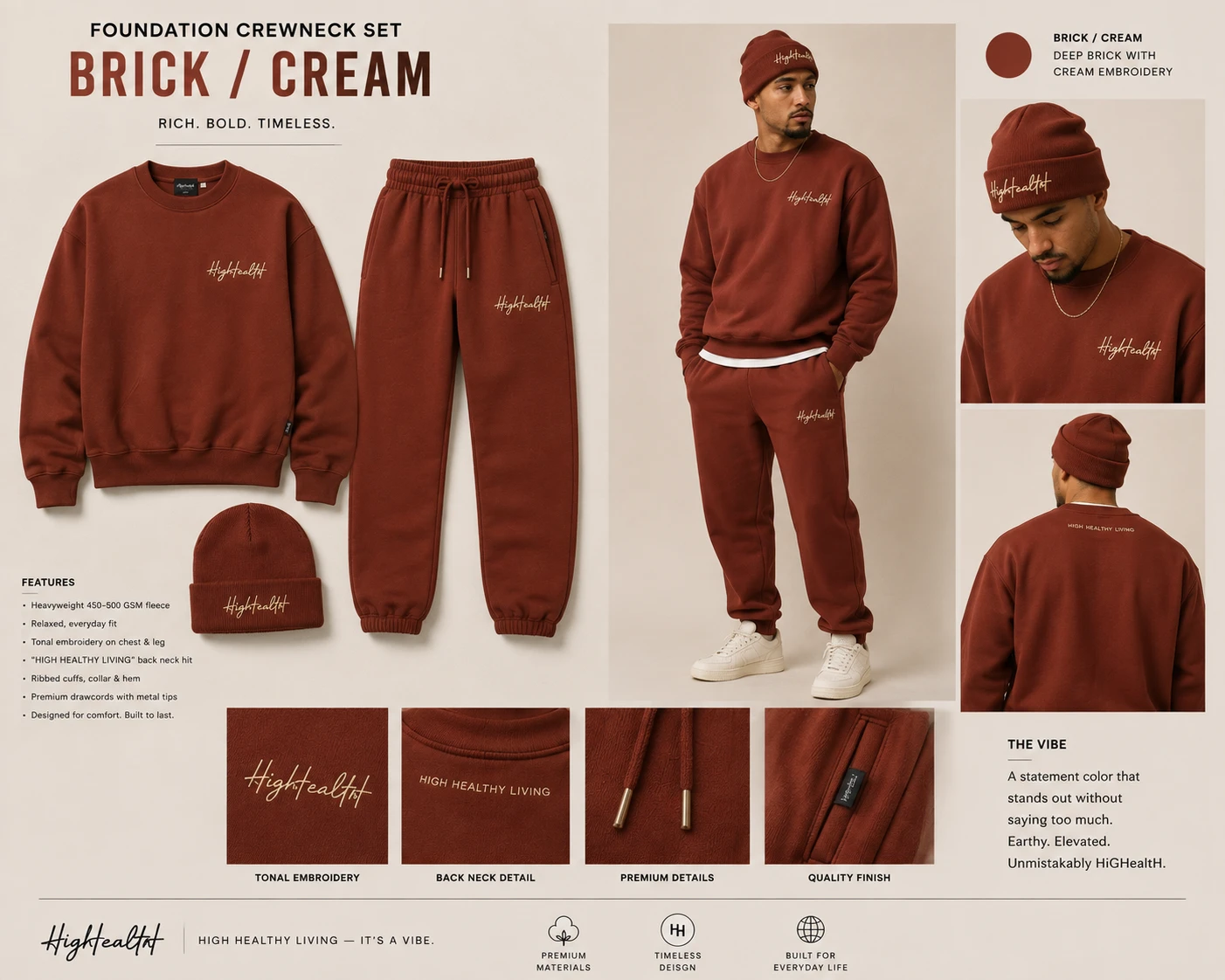 HiGHealtH Foundation Brick / Cream Crewneck Set details