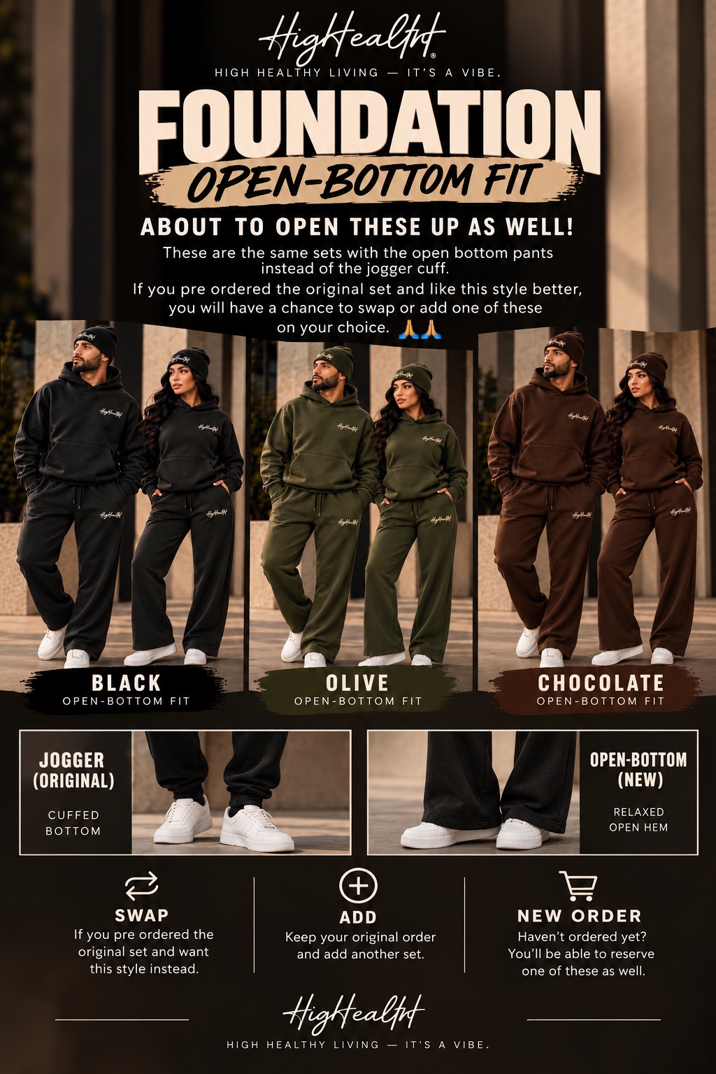 Foundation Open-Bottom Fit: Black, Olive and Chocolate open-bottom sets; Jogger (original, cuffed bottom) vs Open-Bottom (new, relaxed open hem); Swap, Add or New Order