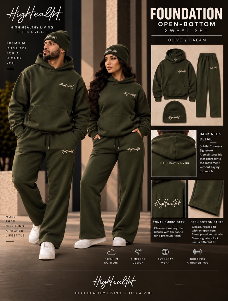 Foundation Open-Bottom hoodie set in Olive with cream embroidery