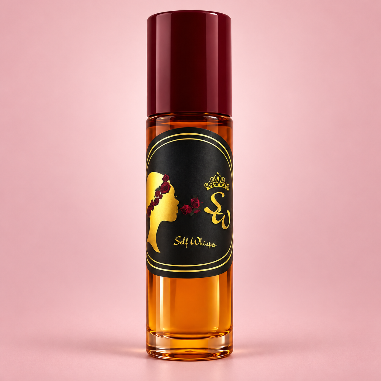 Whisper Me! perfume oil roll-on bottle with the gold Self Whisper label