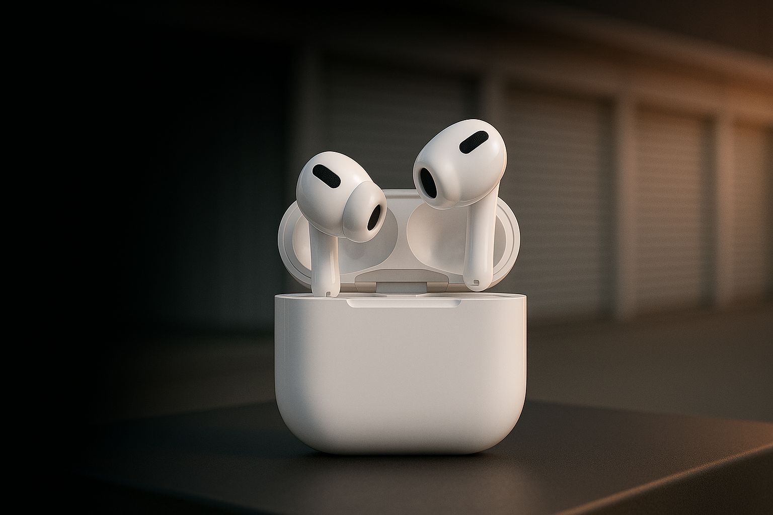 White wireless earbuds case on pedestal in front of soft-focus storage doors