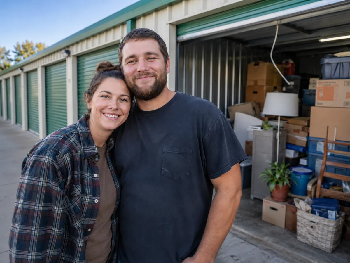A Lawton Self Storage customer couple at their drive-up unit filled with their belongings