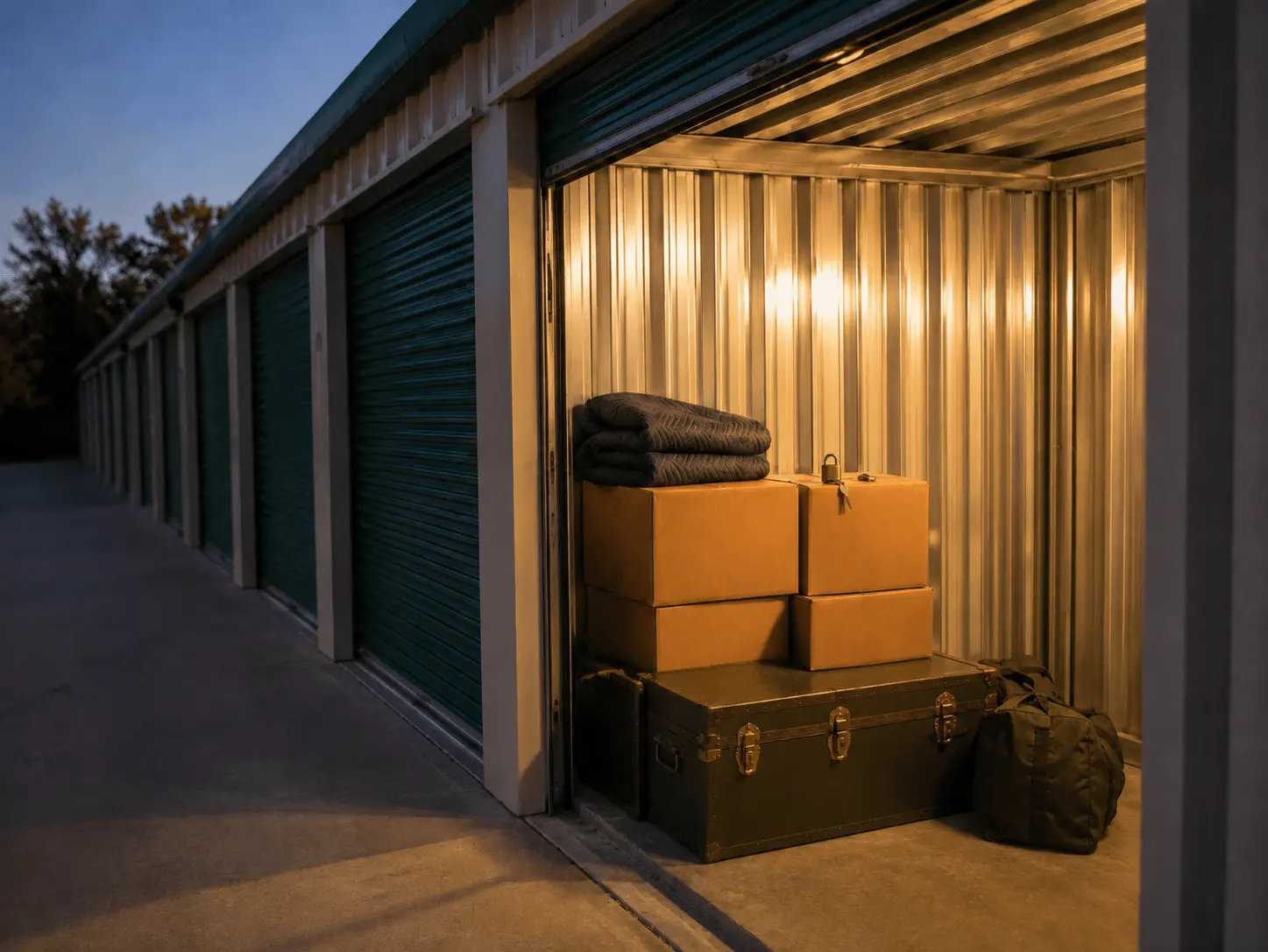 An open drive-up storage unit at dusk holding moving boxes, a folded moving blanket, a military footlocker, and a green duffel bag, with a padlock resting on top