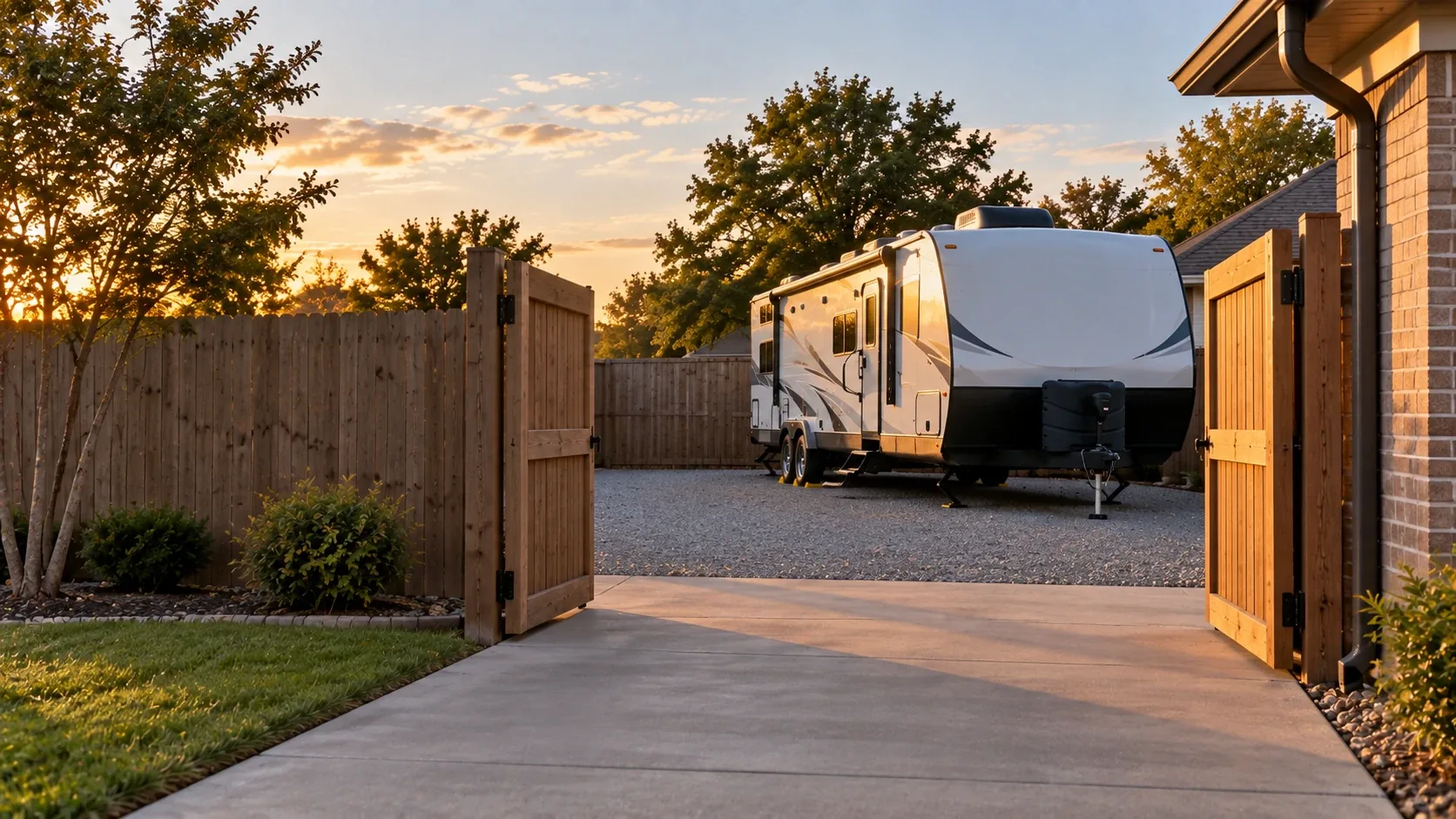 Travel trailer parked on a gravel pad behind a solid wooden privacy fence