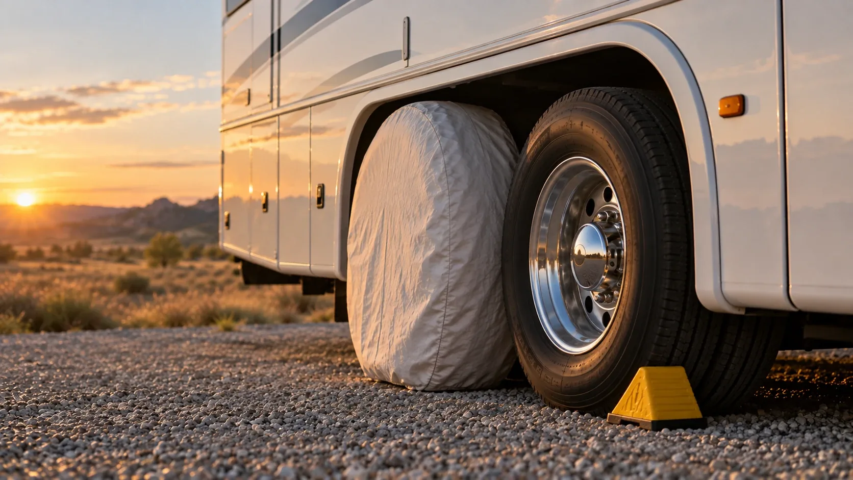 Motorhome rear dual wheels with a UV tire cover and wheel chock on gravel