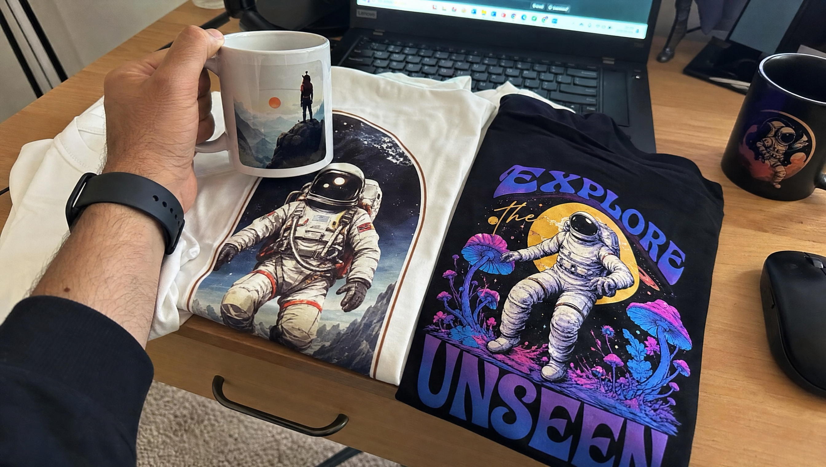 Hand holding a coffee mug next to folded t-shirts with AI-generated space and astronaut print-on-demand designs