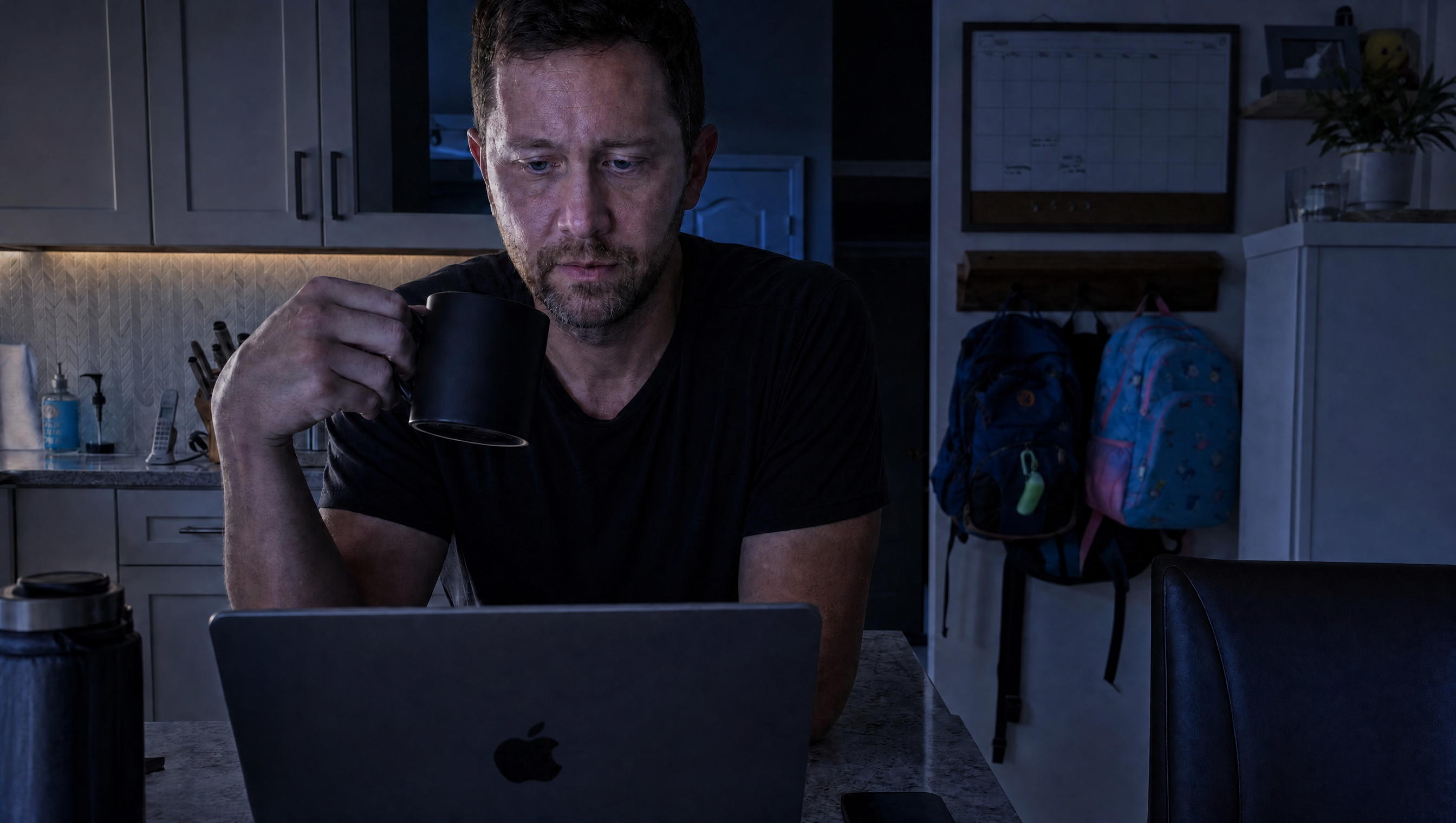 Dad at the kitchen counter late at night with a coffee, laptop open, kids' backpacks hanging behind him