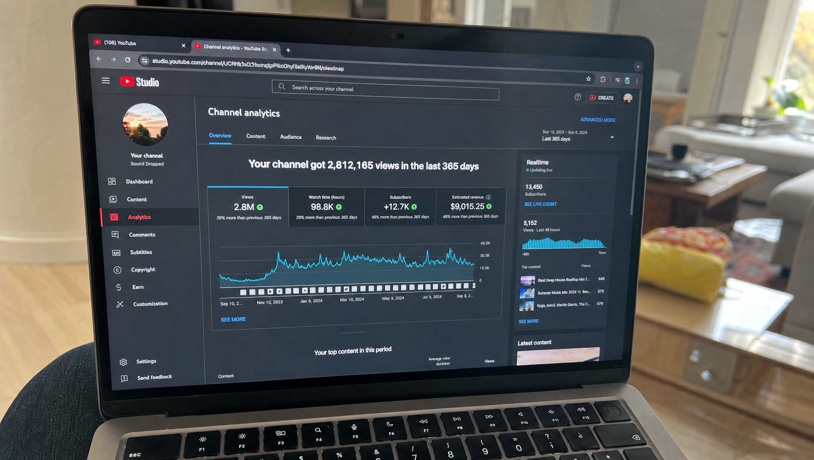 YouTube Studio channel analytics dashboard open on a laptop screen