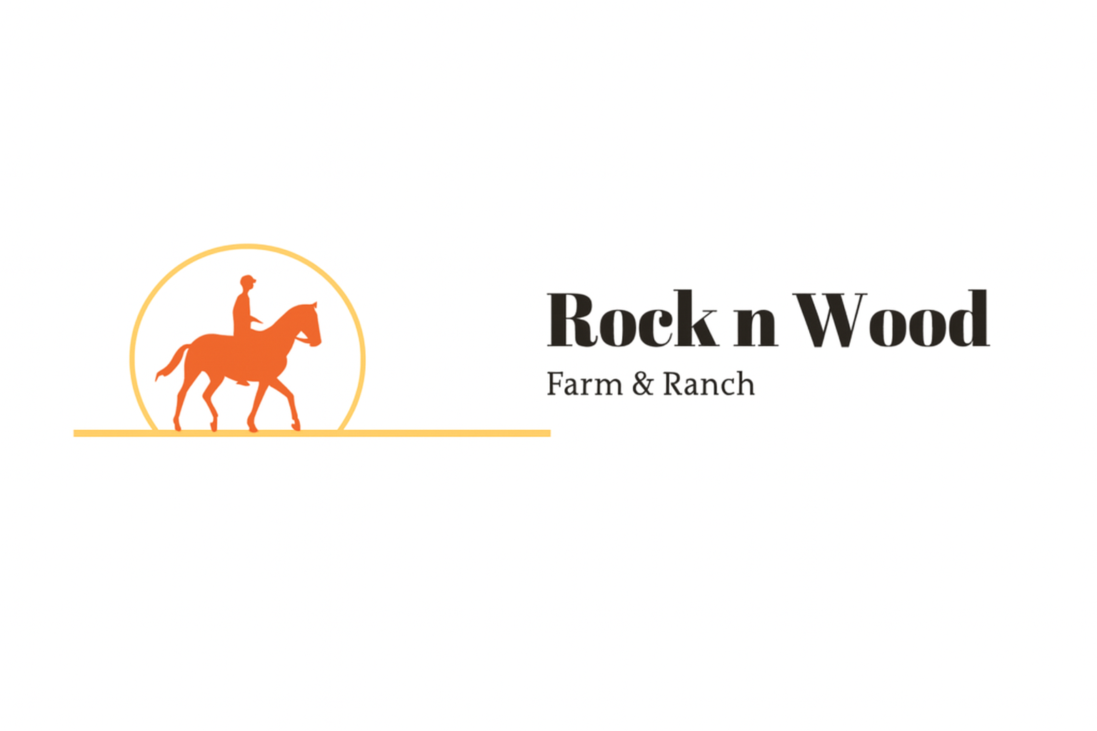 Rock n Wood Farm & Ranch logo featuring an orange horse and rider silhouette with modern black text.