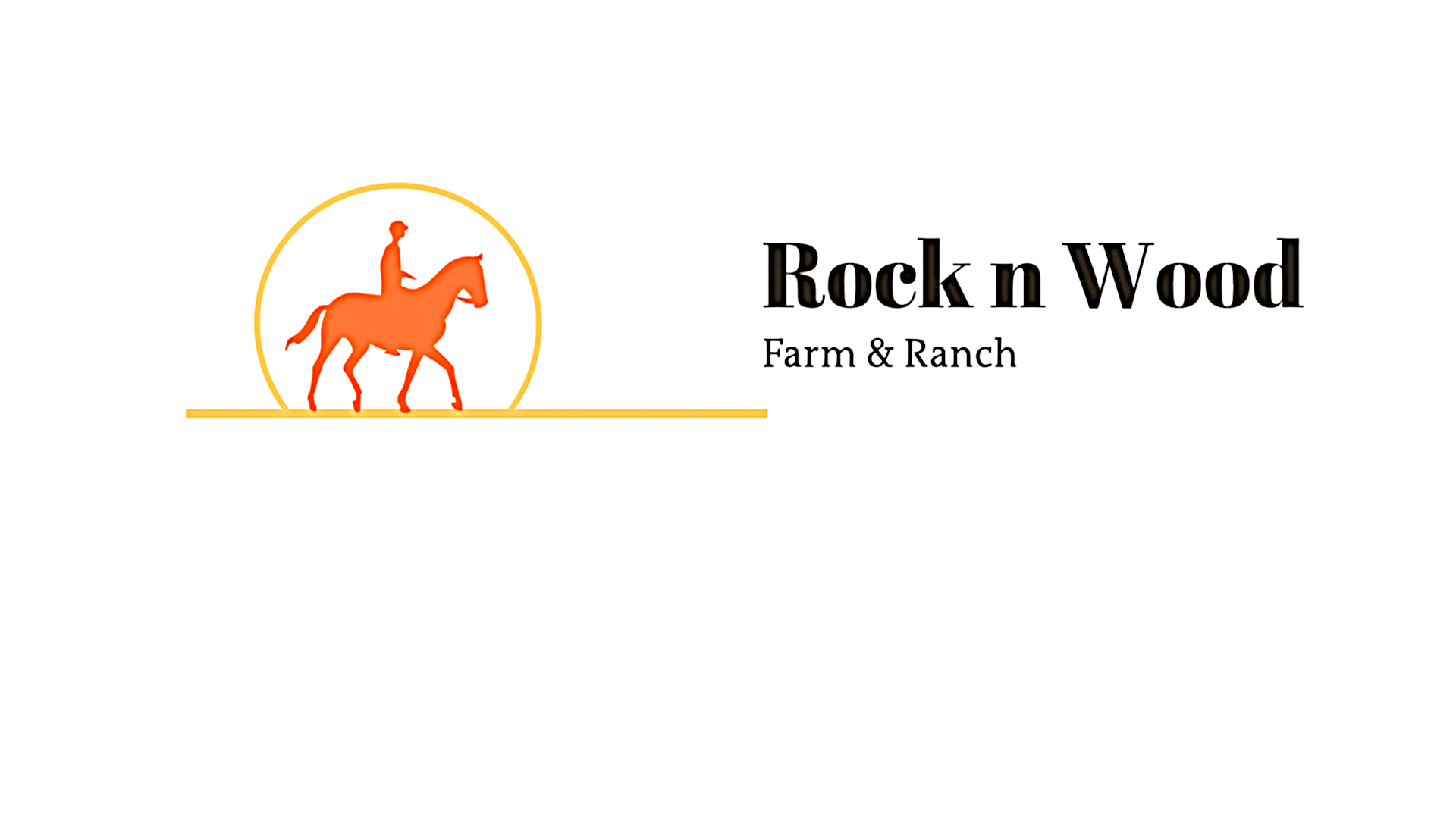 Rock n Wood Farm & Ranch logo featuring an orange horse and rider silhouette with modern black text.