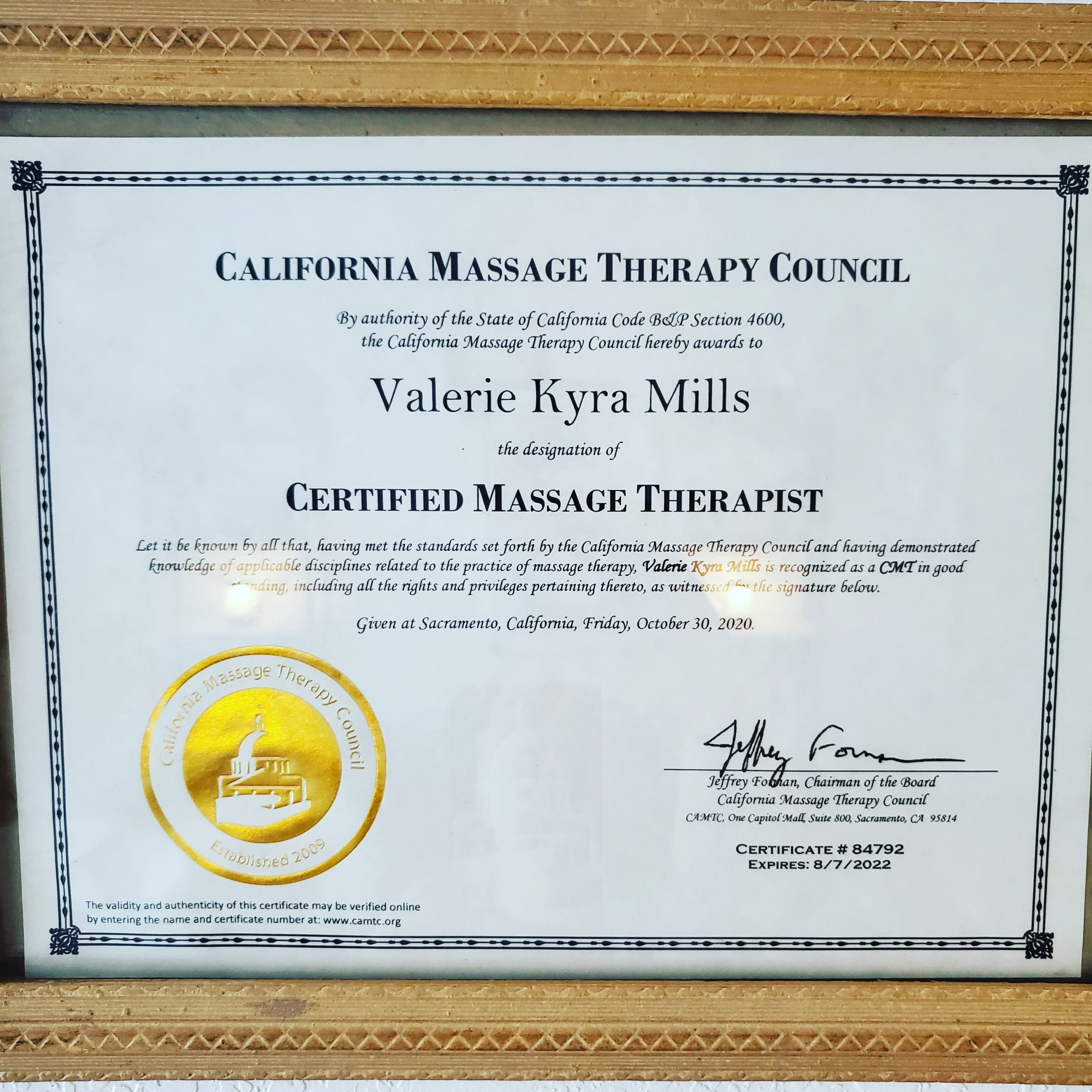 California Massage Therapy Council - Valerie Kyra Mills Certified Massage Therapist
