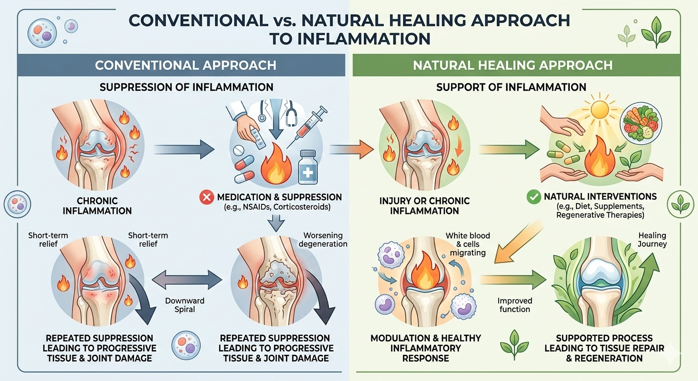 Diagram comparing conventional anti-inflammatory treatment that blocks healing versus regenerative treatment that stimulates natural repair
