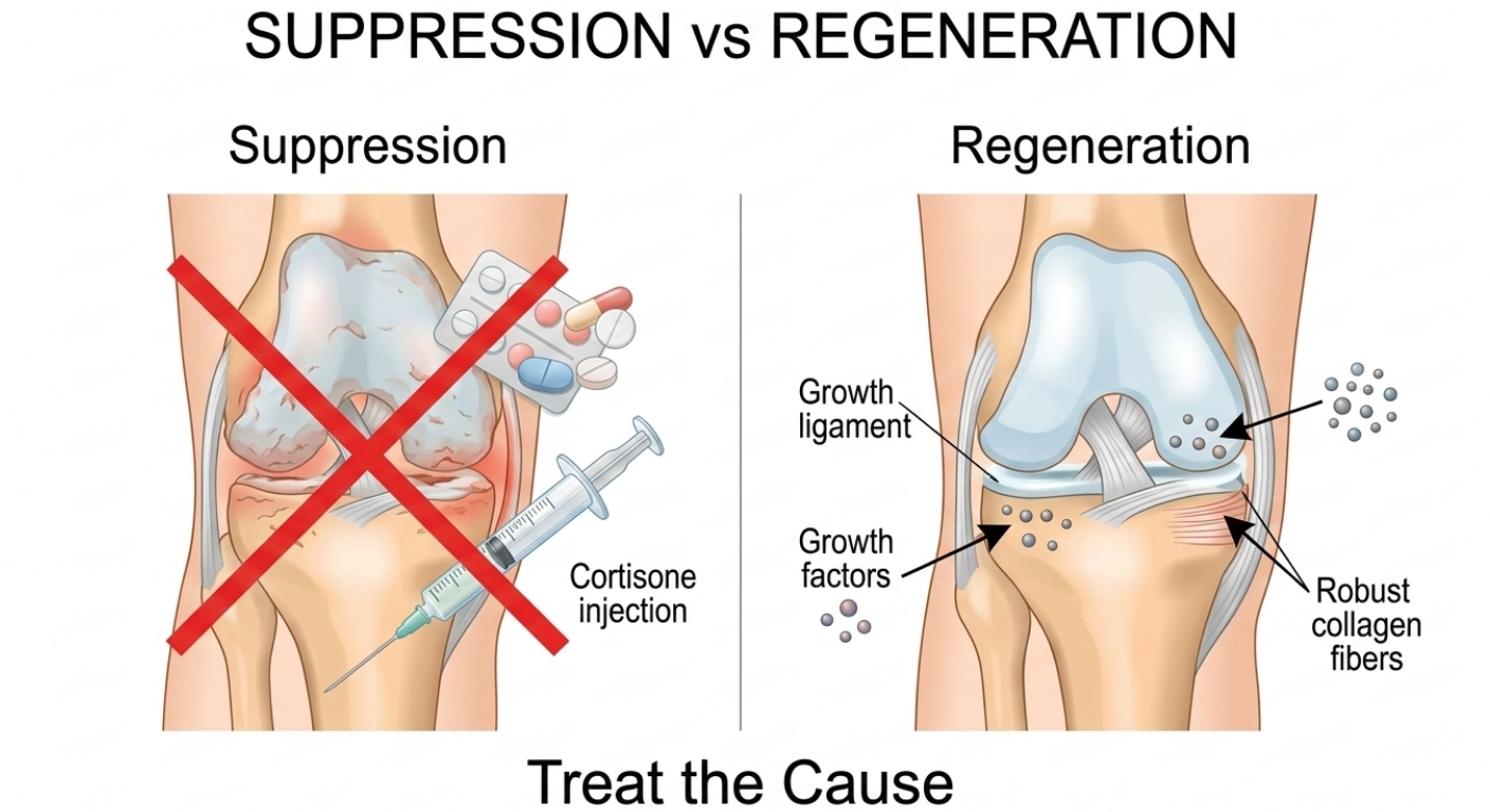 Comparison diagram showing conventional arthritis treatment suppression versus regenerative medicine strengthening ligaments and cartilage in a knee joint.