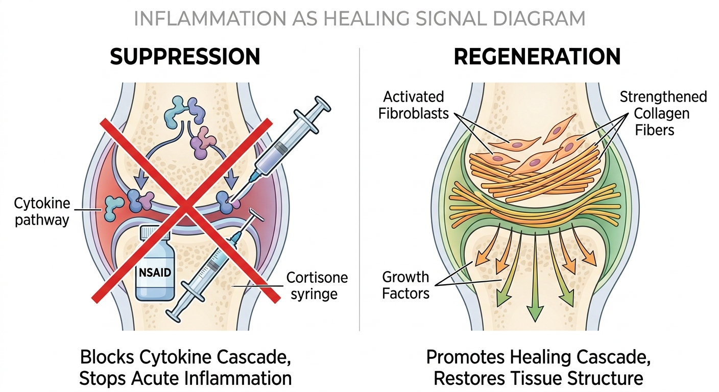 Diagram comparing anti-inflammatory suppression blocking healing versus regenerative stimulation activating collagen repair in joint tissue. Diagram comparing anti-inflammatory suppression blocking healing versus regenerative stimulation activating collagen repair in joint tissue.